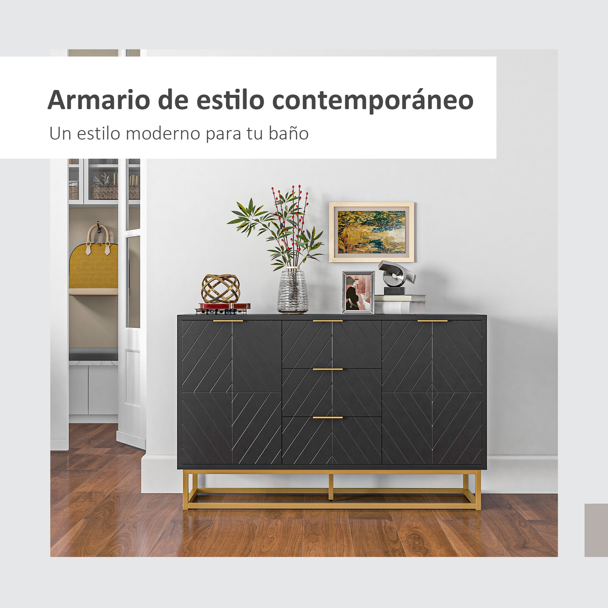 Modern Sideboard Buffet with 3 Drawers 2 Doors and Adjustable Shelf Side Cabinet for Dining Room Kitchen Anti-Tipping 120x40x76 cm Black