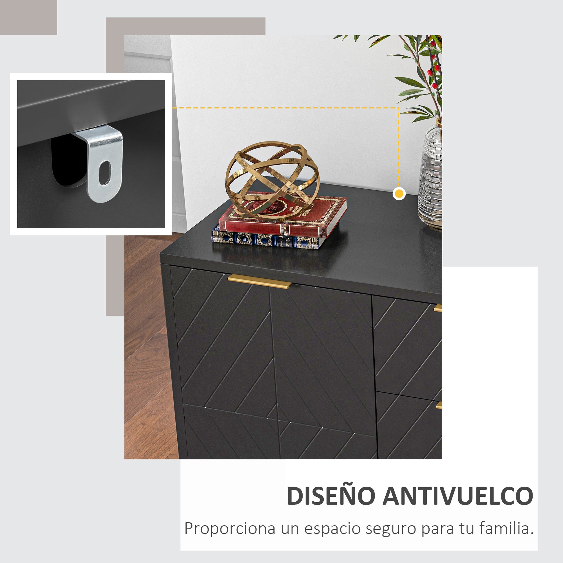 Modern Sideboard Buffet with 3 Drawers 2 Doors and Adjustable Shelf Side Cabinet for Dining Room Kitchen Anti-Tipping 120x40x76 cm Black