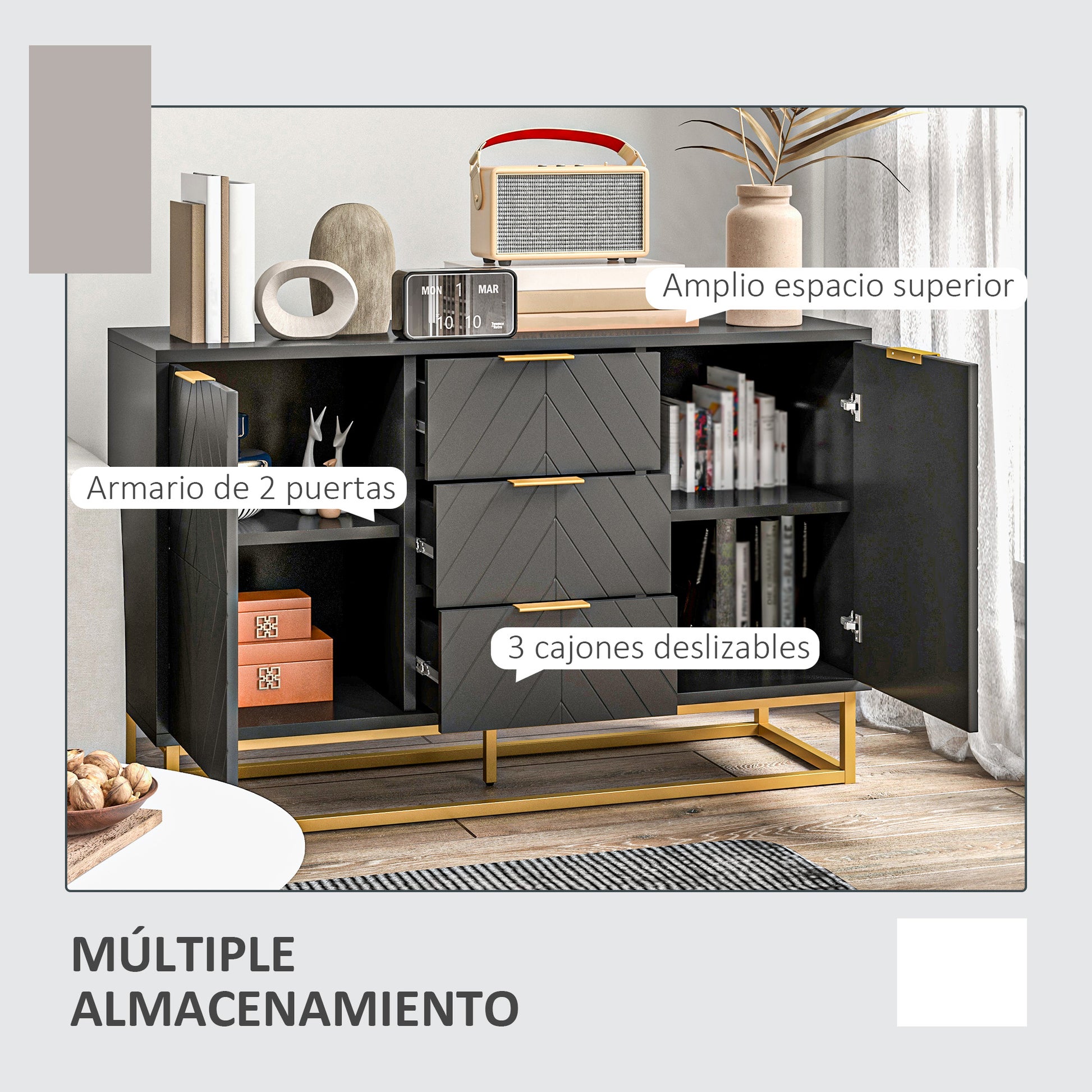 Modern Sideboard Buffet with 3 Drawers 2 Doors and Adjustable Shelf Side Cabinet for Dining Room Kitchen Anti-Tipping 120x40x76 cm Black