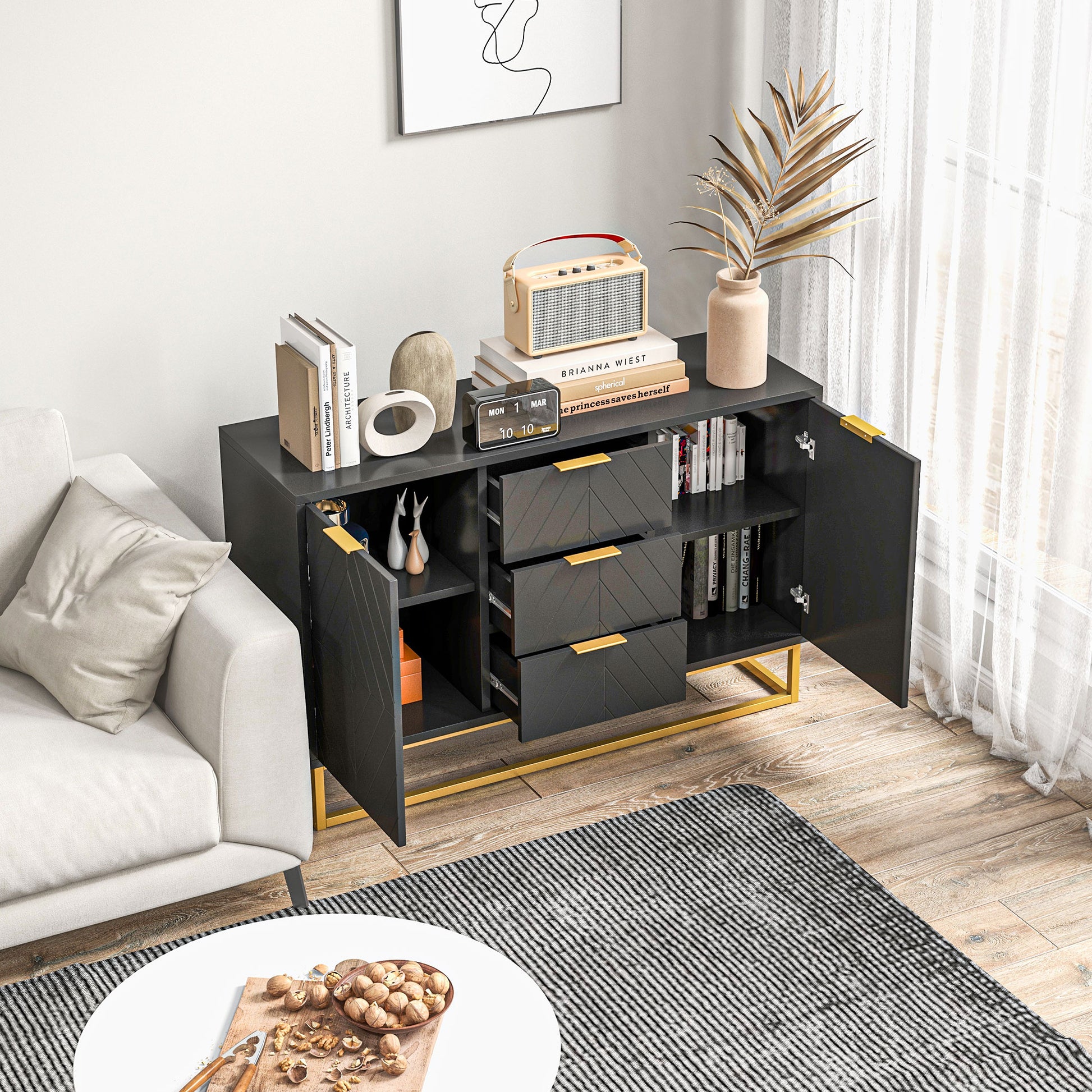 Modern Sideboard Buffet with 3 Drawers 2 Doors and Adjustable Shelf Side Cabinet for Dining Room Kitchen Anti-Tipping 120x40x76 cm Black