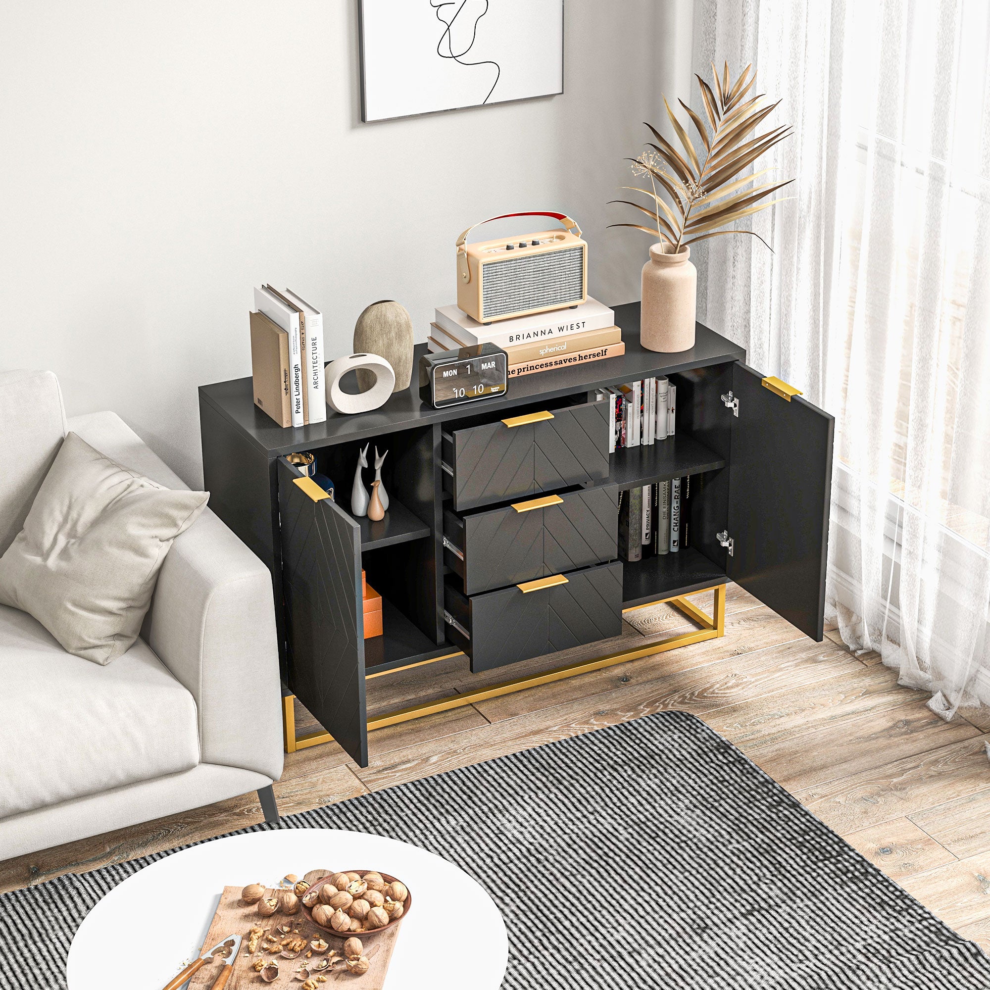 Modern Sideboard Buffet with 3 Drawers 2 Doors and Adjustable Shelf Side Cabinet for Dining Room Kitchen Anti-Tipping 120x40x76 cm Black