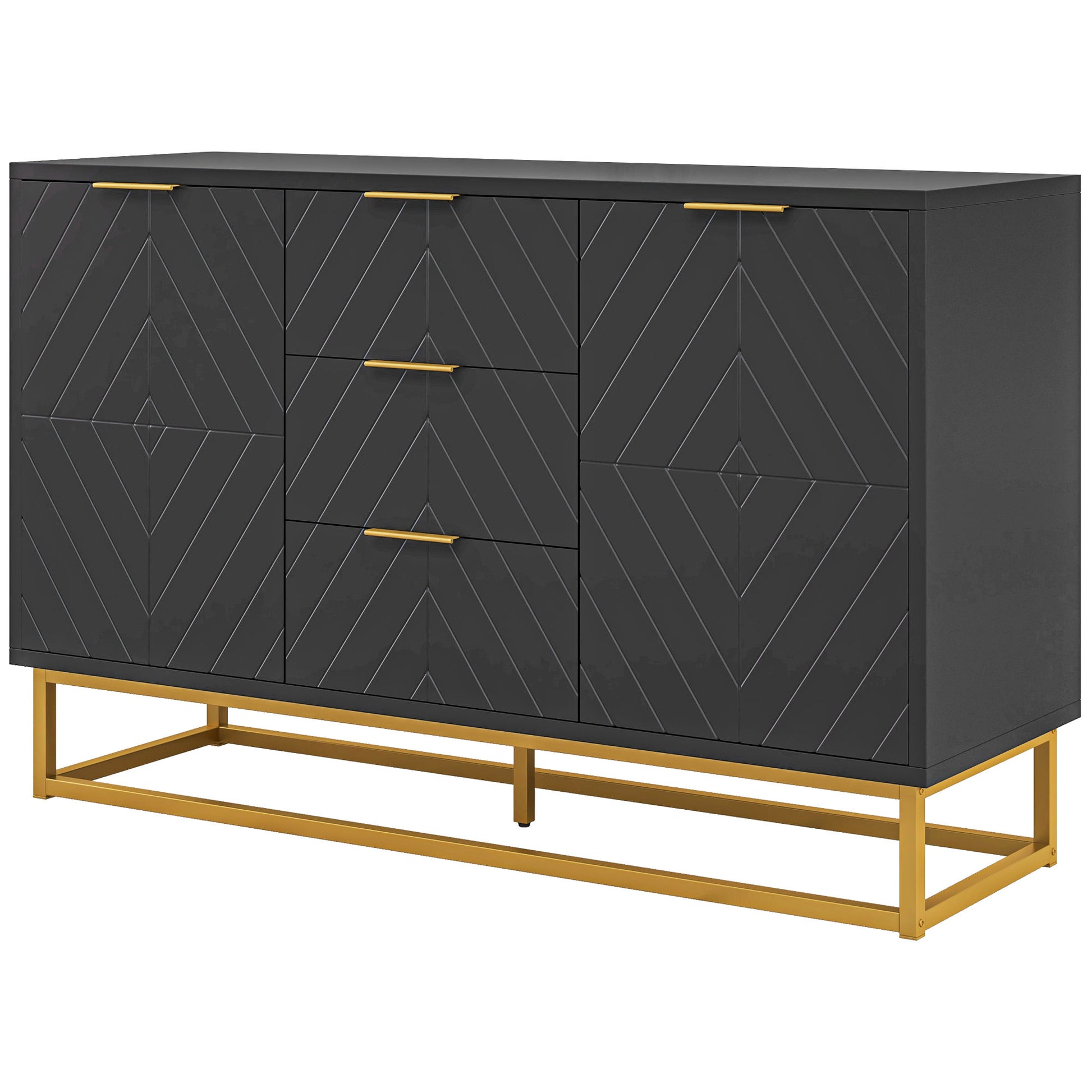 Modern Sideboard Buffet with 3 Drawers 2 Doors and Adjustable Shelf Side Cabinet for Dining Room Kitchen Anti-Tipping 120x40x76 cm Black