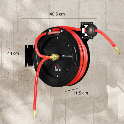 15m+1m Retractable Air Hose Reel with 1/4" Fitting, 9.5 x 15.8 mm, Max 20 bar, Hose Brake, Wall Mount