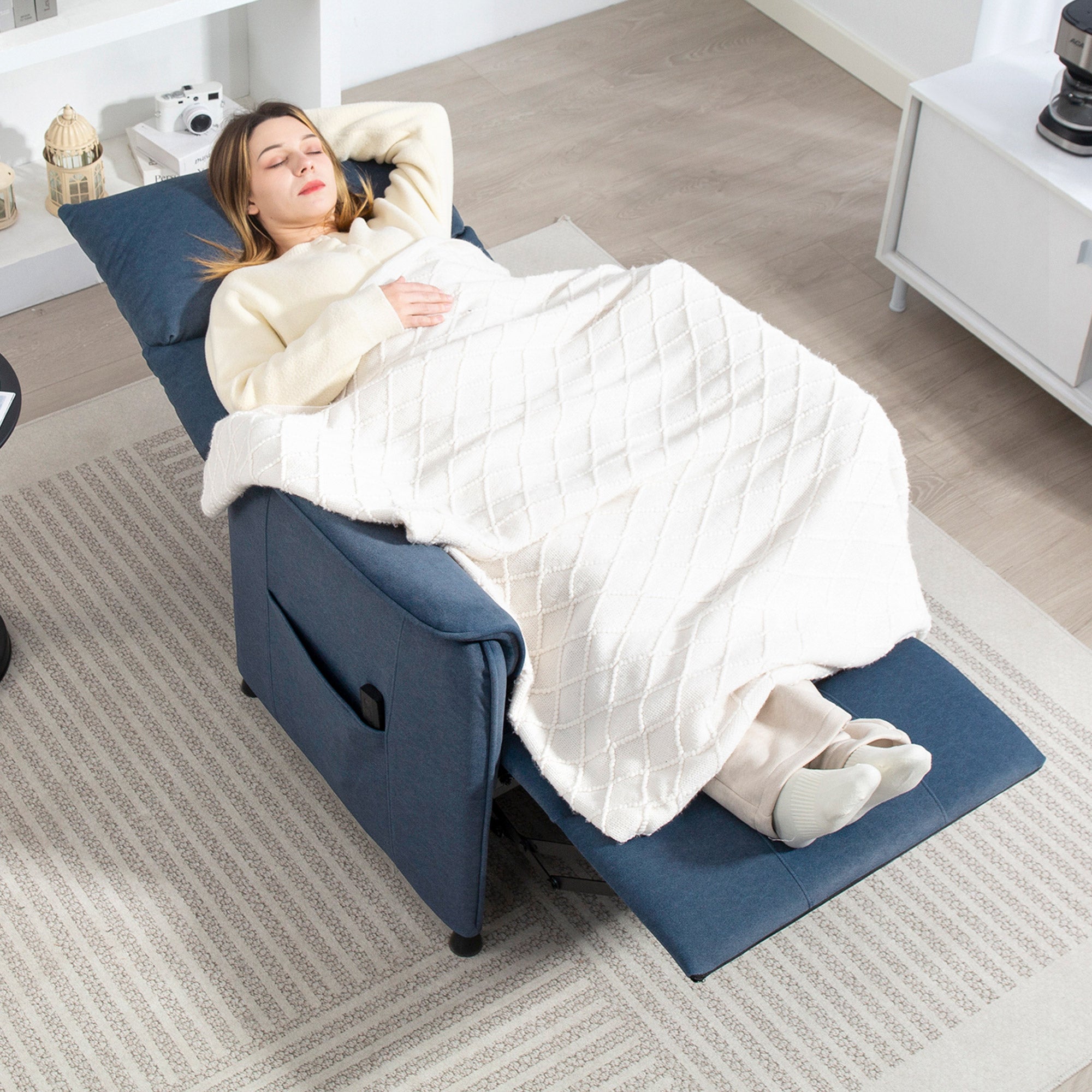 Electric Recliner Relax Armchair Silent Recliner with Memory Function Footrest Remote Control Side Pockets Pet-Friendly Fabric for Bedroom Living Room Dark Blue