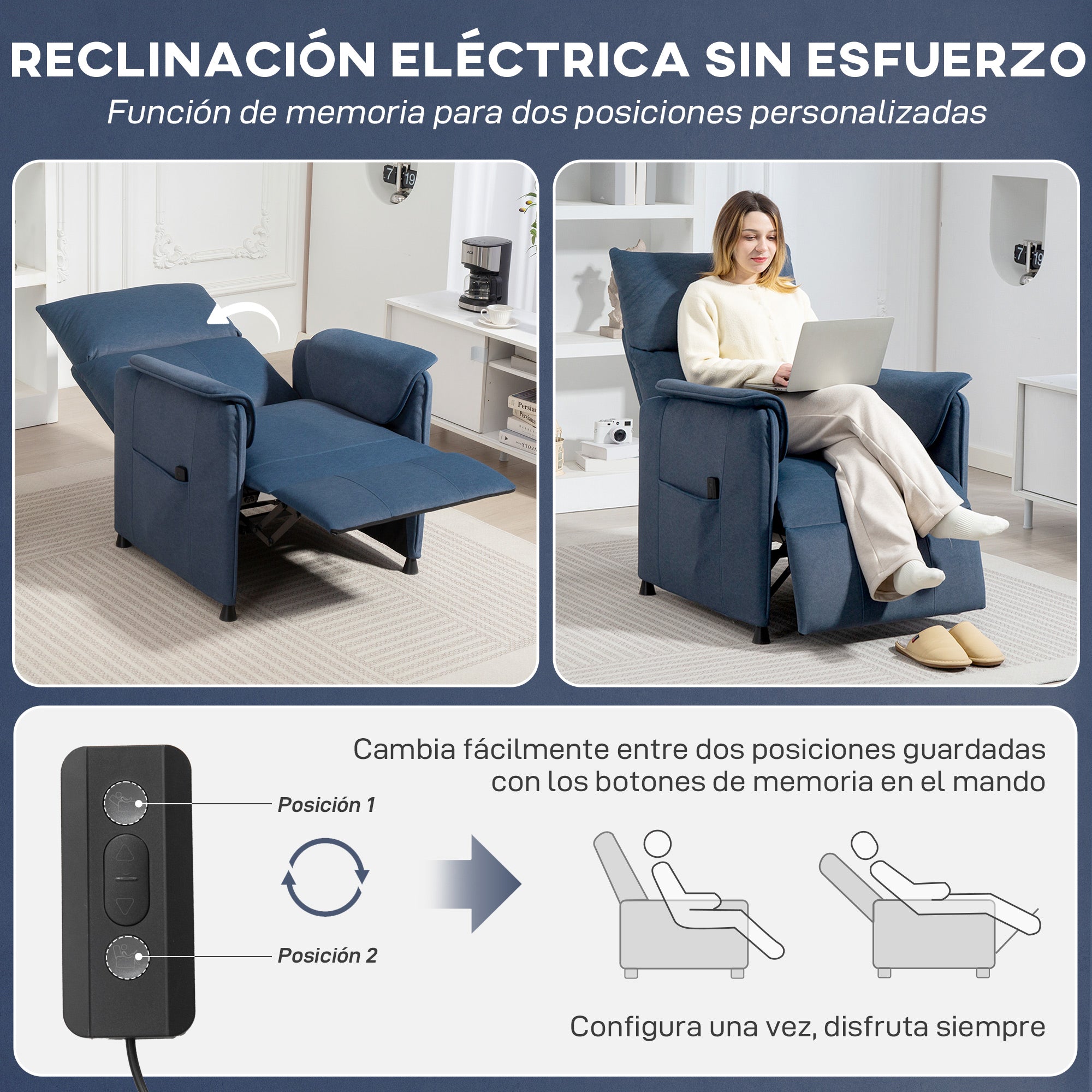 Electric Recliner Relax Armchair Silent Recliner with Memory Function Footrest Remote Control Side Pockets Pet-Friendly Fabric for Bedroom Living Room Dark Blue