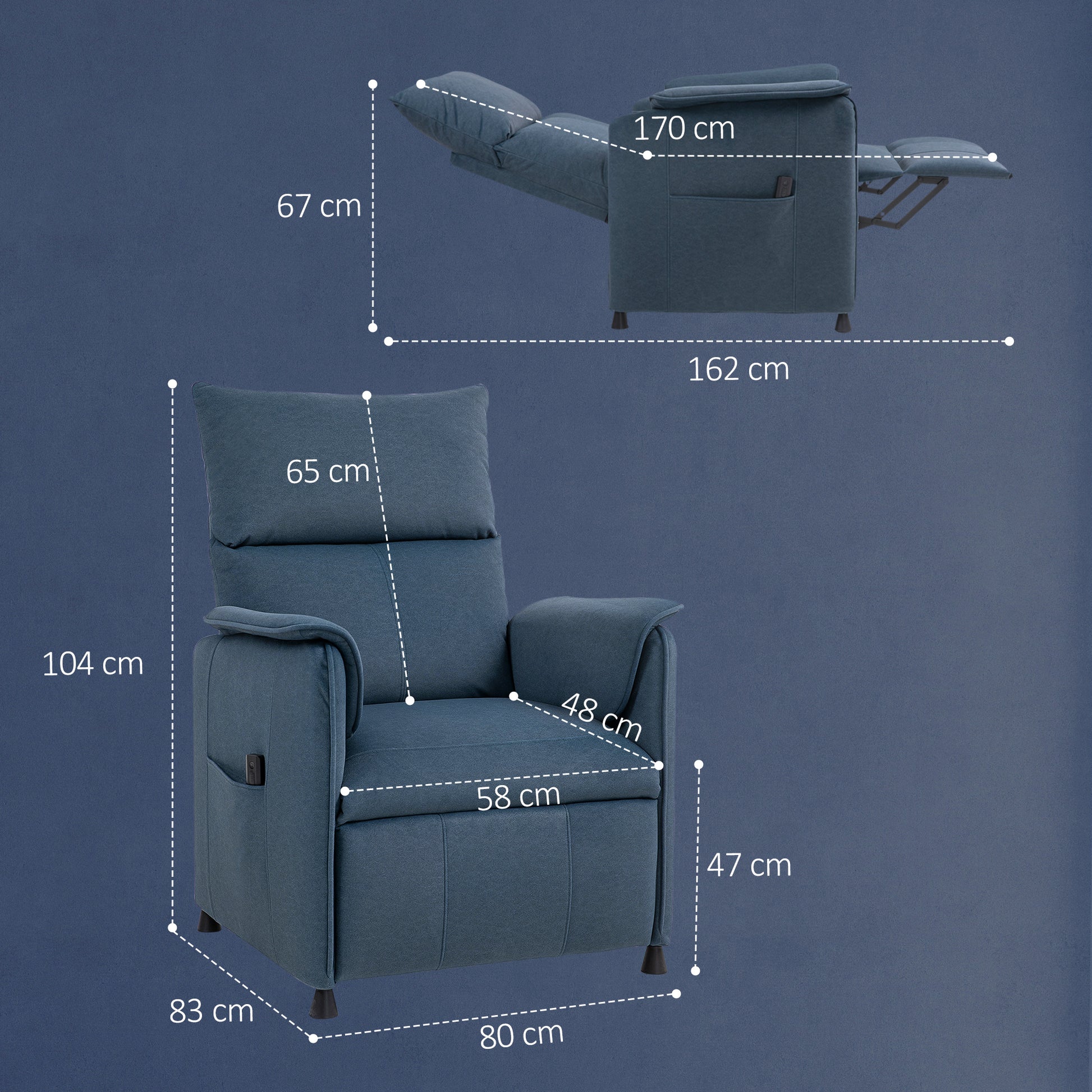 Electric Recliner Relax Armchair Silent Recliner with Memory Function Footrest Remote Control Side Pockets Pet-Friendly Fabric for Bedroom Living Room Dark Blue