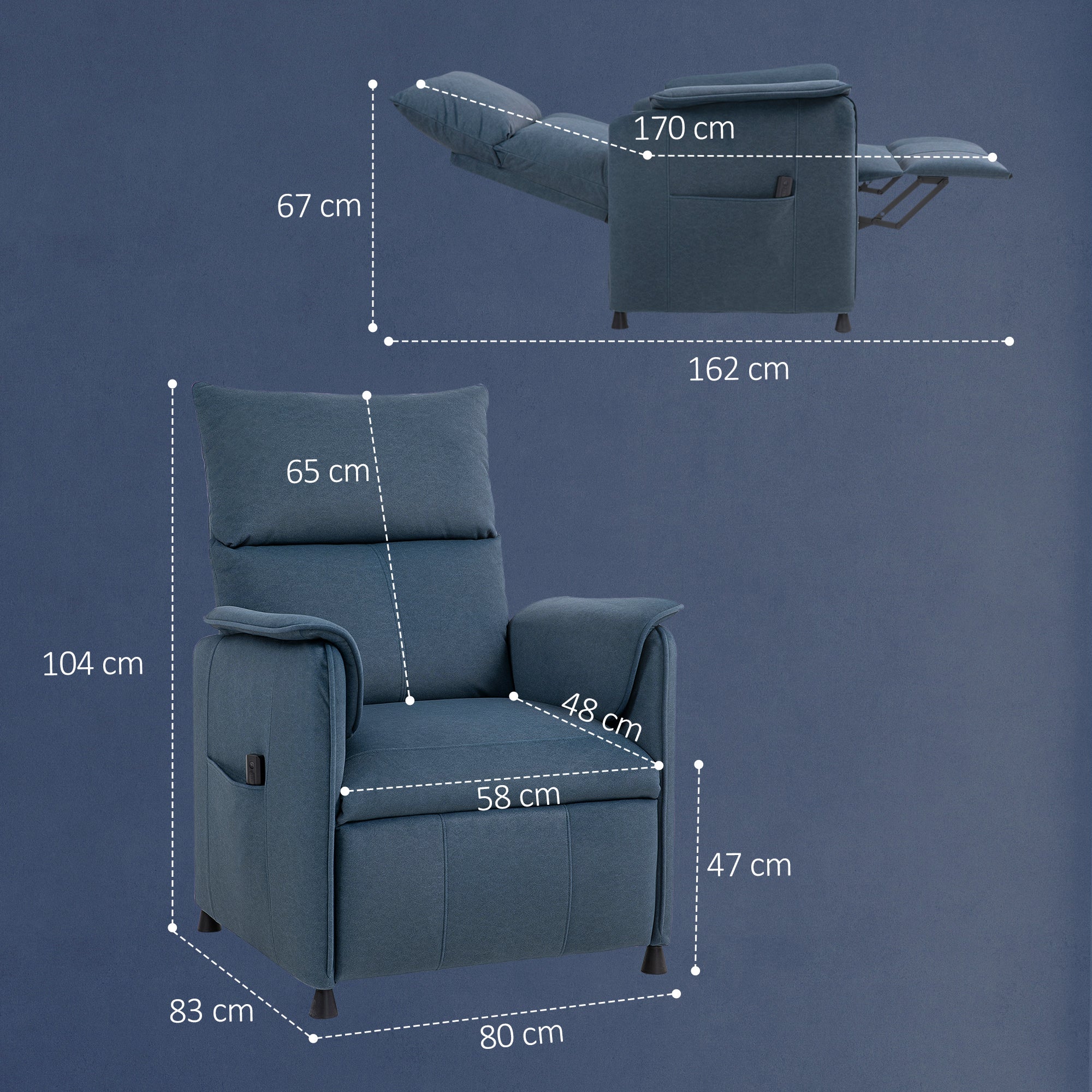 Electric Recliner Relax Armchair Silent Recliner with Memory Function Footrest Remote Control Side Pockets Pet-Friendly Fabric for Bedroom Living Room Dark Blue