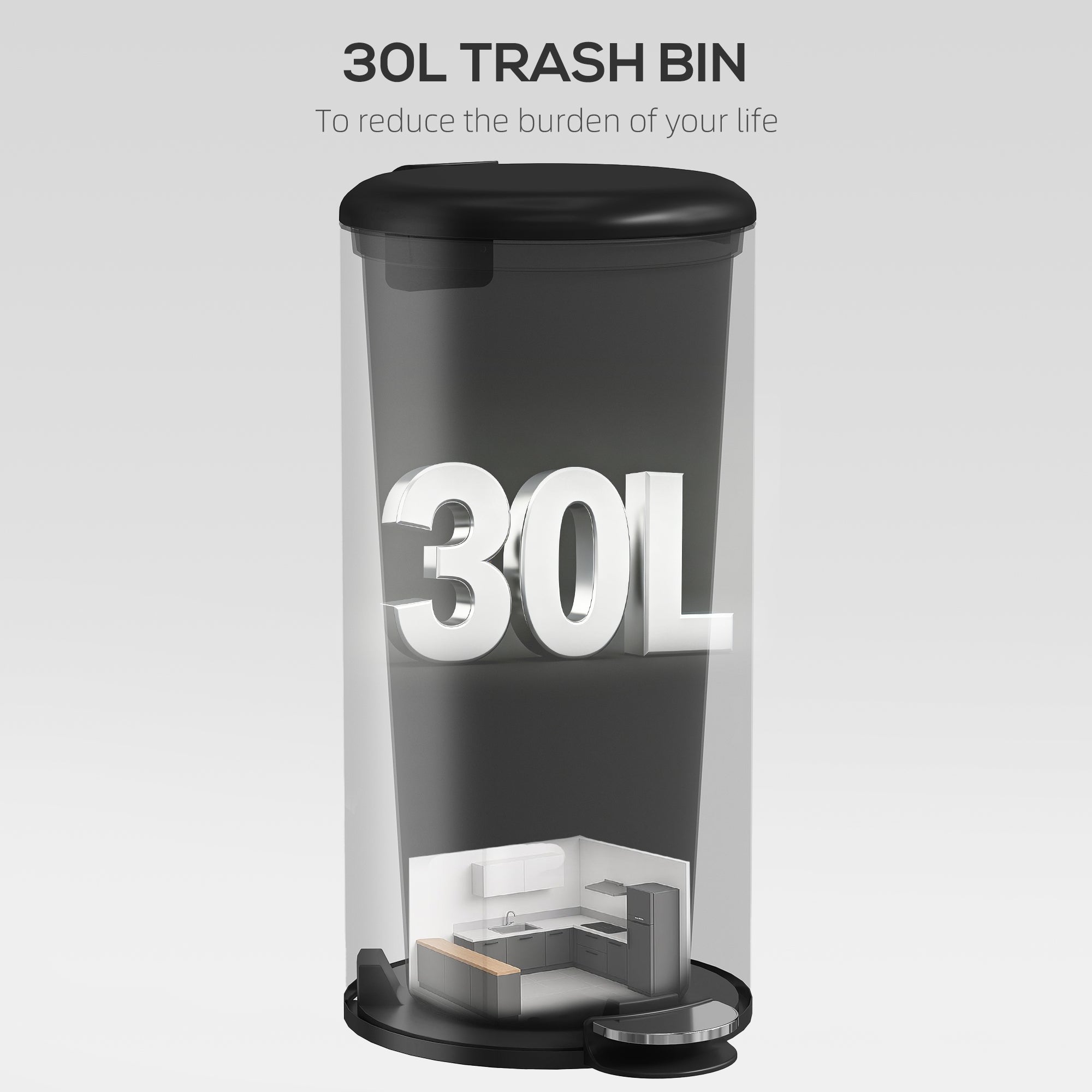 30 L Step Trash Can with Lid and Foot Pedal, Removable Inner Bin, Soft-Close for Living Room, Office — Black, 36 x 30 x 63.5 cm (14.2 x 11.8 x 25.0 in)