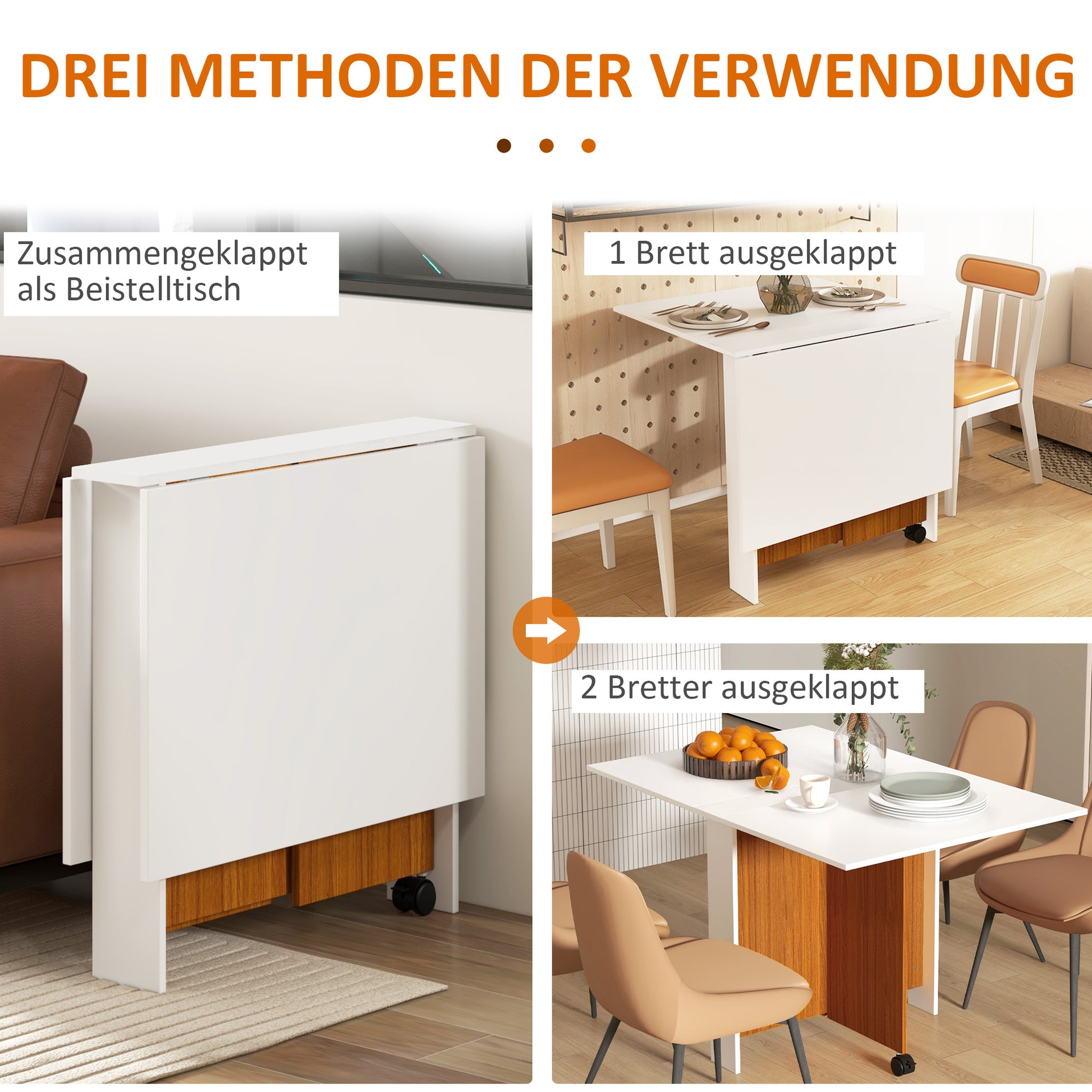 Folding Table Dining Table Mobile Desk with Folding Worktop Side Table with Casters Dining Table for Kitchen White
