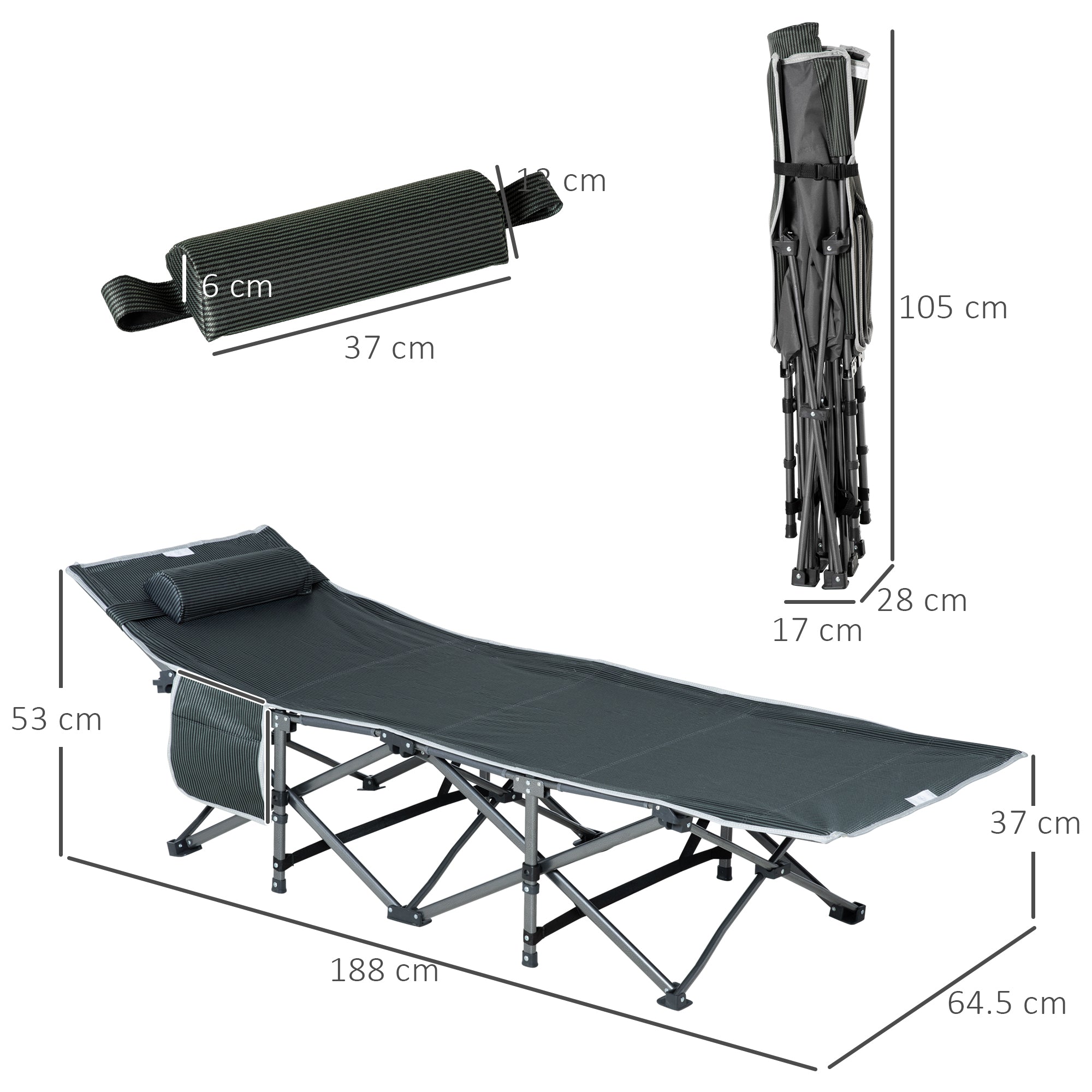 Folding Camping Cot Portable Bed with Pillow Side Pocket Mattress Guest Bed up to 150 kg Capacity Travel Outdoor Oxford Grey 188 x 64.5 x 53 cm