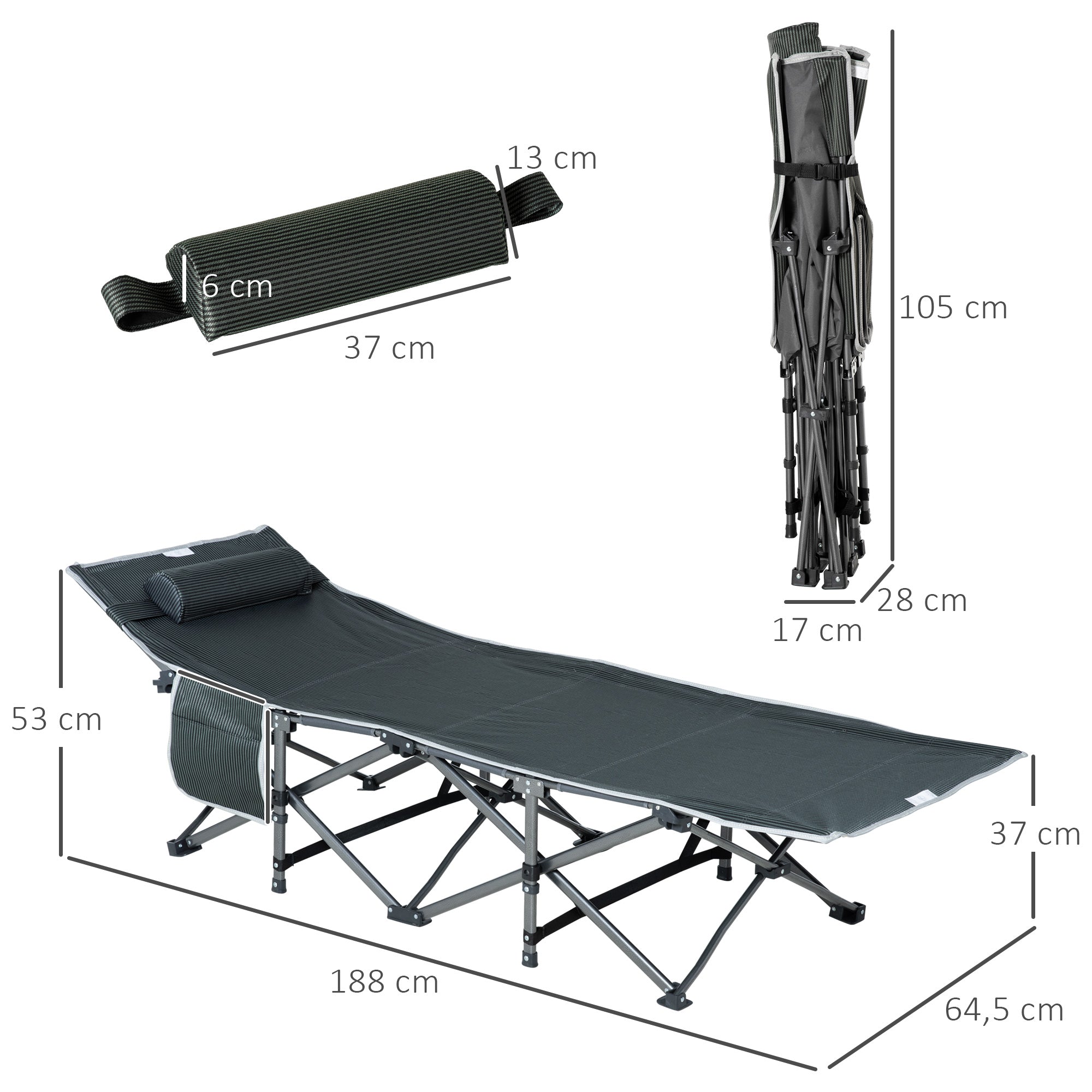 Folding Camping Cot Portable Bed with Pillow Side Pocket Mattress Guest Bed up to 150 kg Capacity Travel Outdoor Oxford Grey 188 x 64.5 x 53 cm