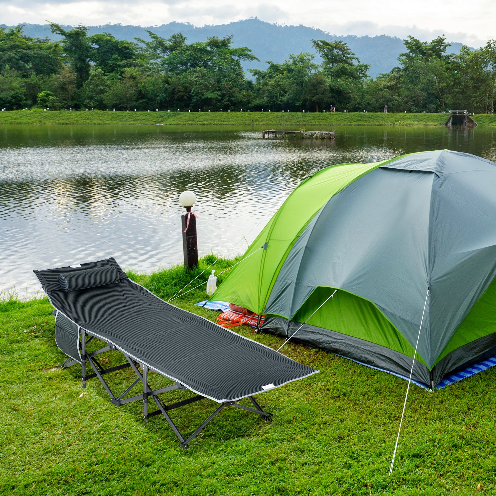 Folding Camping Cot Portable Bed with Pillow Side Pocket Mattress Guest Bed up to 150 kg Capacity Travel Outdoor Oxford Grey 188 x 64.5 x 53 cm