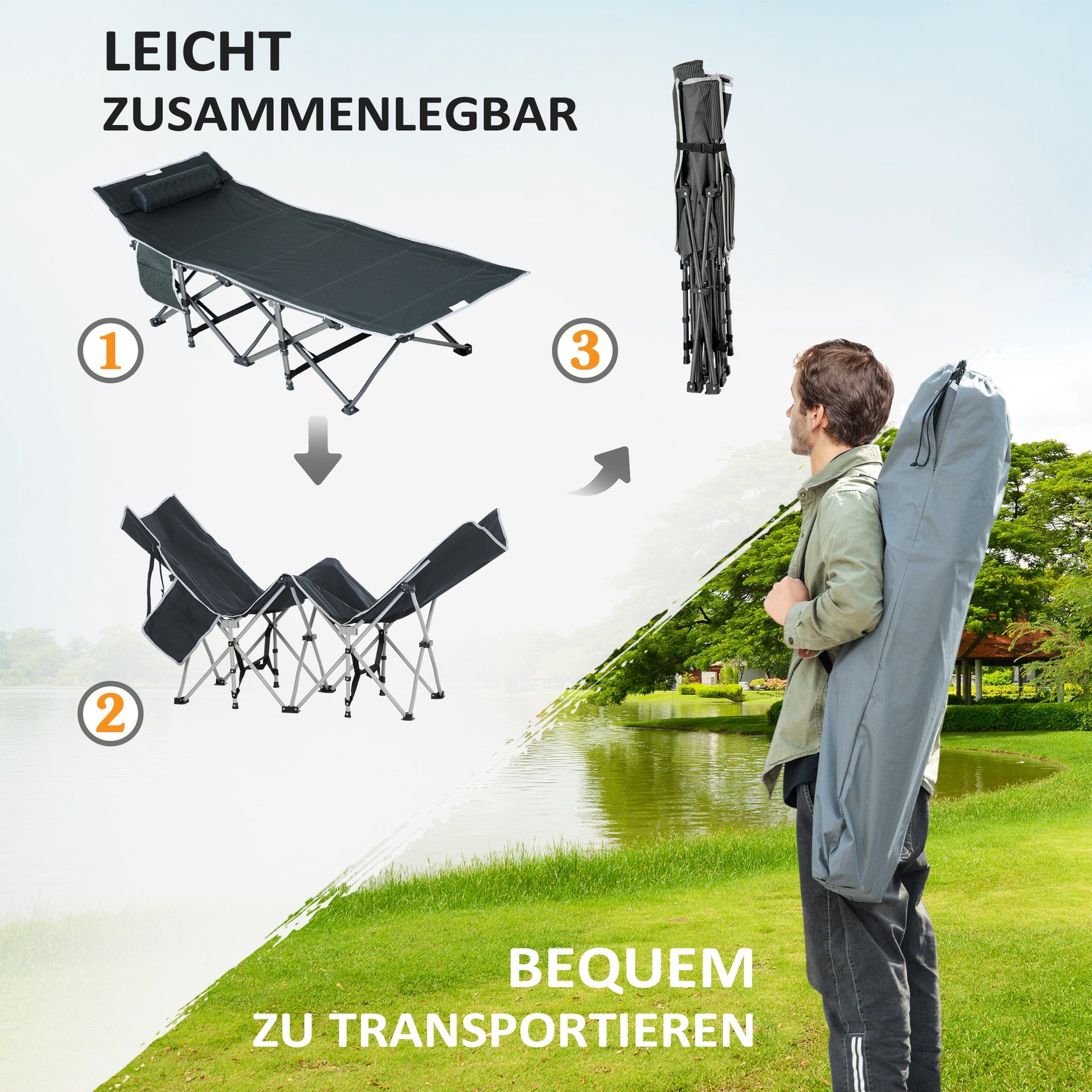 Folding Camping Cot Portable Bed with Pillow Side Pocket Mattress Guest Bed up to 150 kg Capacity Travel Outdoor Oxford Grey 188 x 64.5 x 53 cm