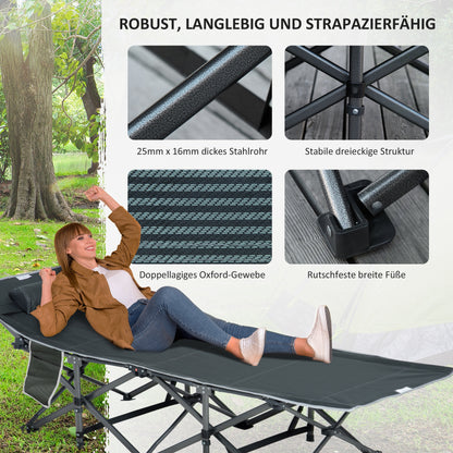 Folding Camping Cot Portable Bed with Pillow Side Pocket Mattress Guest Bed up to 150 kg Capacity Travel Outdoor Oxford Grey 188 x 64.5 x 53 cm