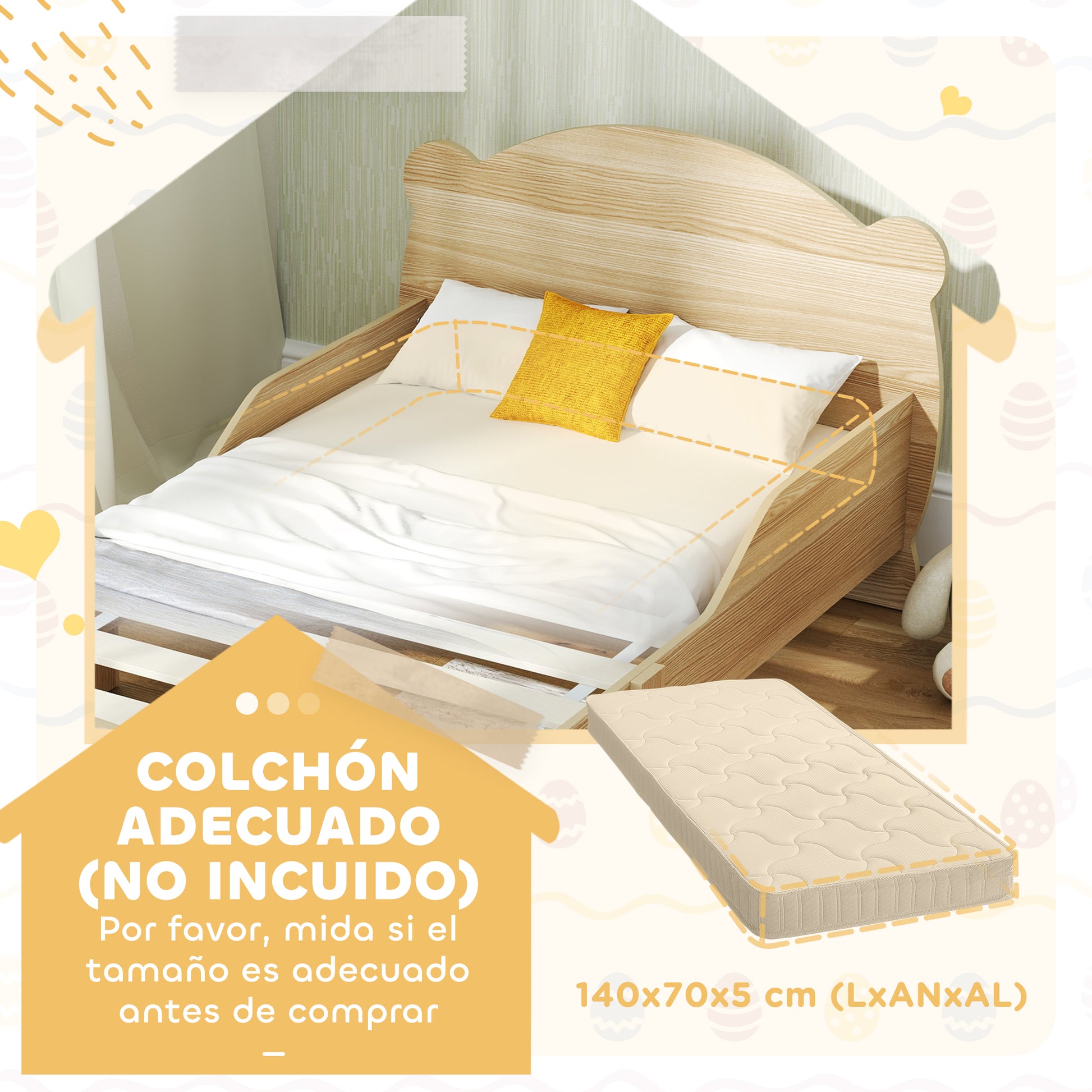 Kids Bed for +3 Years 140x70 cm Wooden Children's Bed Teddy Bear Shaped Headboard 80 kg Load for Natural Bedroom