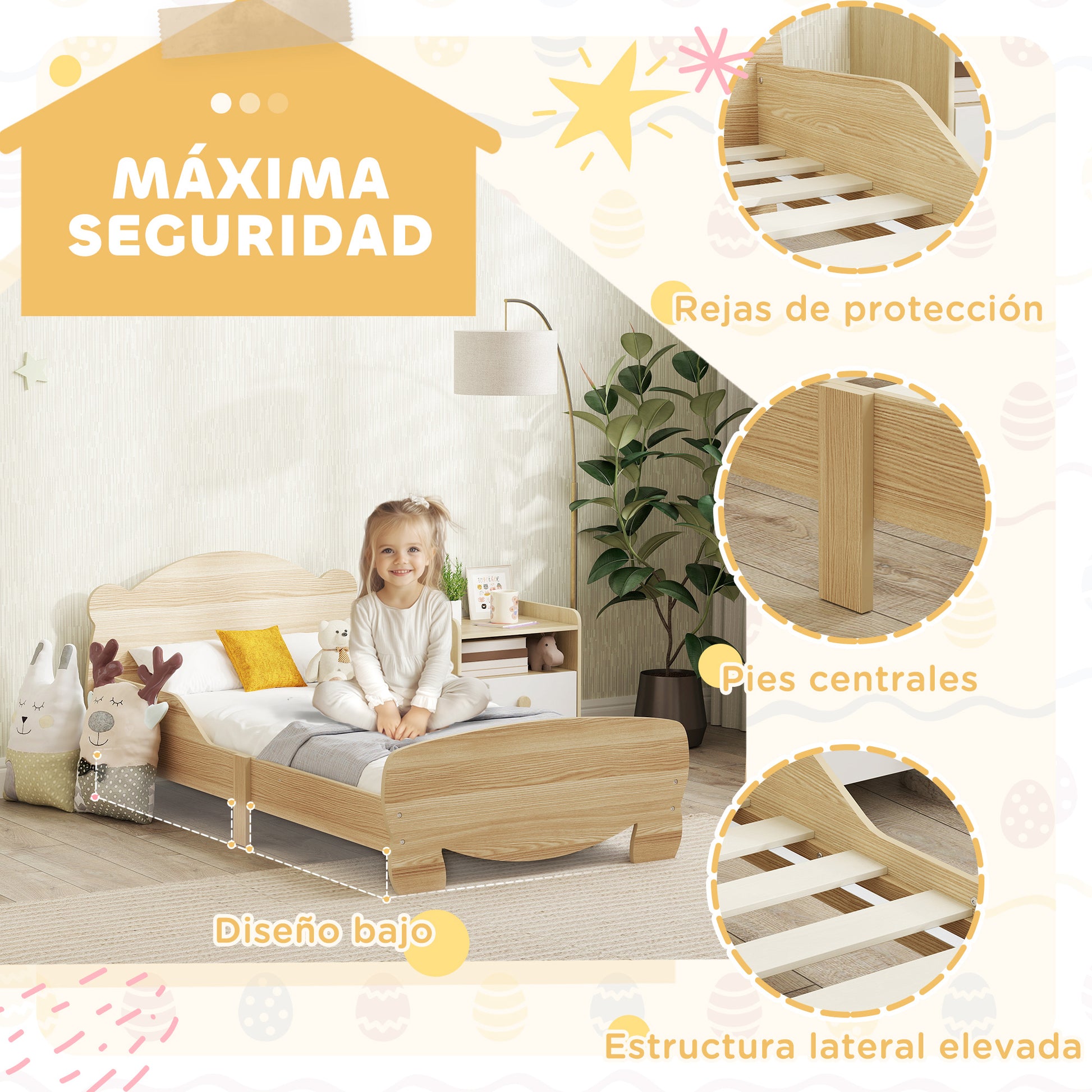 Kids Bed for +3 Years 140x70 cm Wooden Children's Bed Teddy Bear Shaped Headboard 80 kg Load for Natural Bedroom
