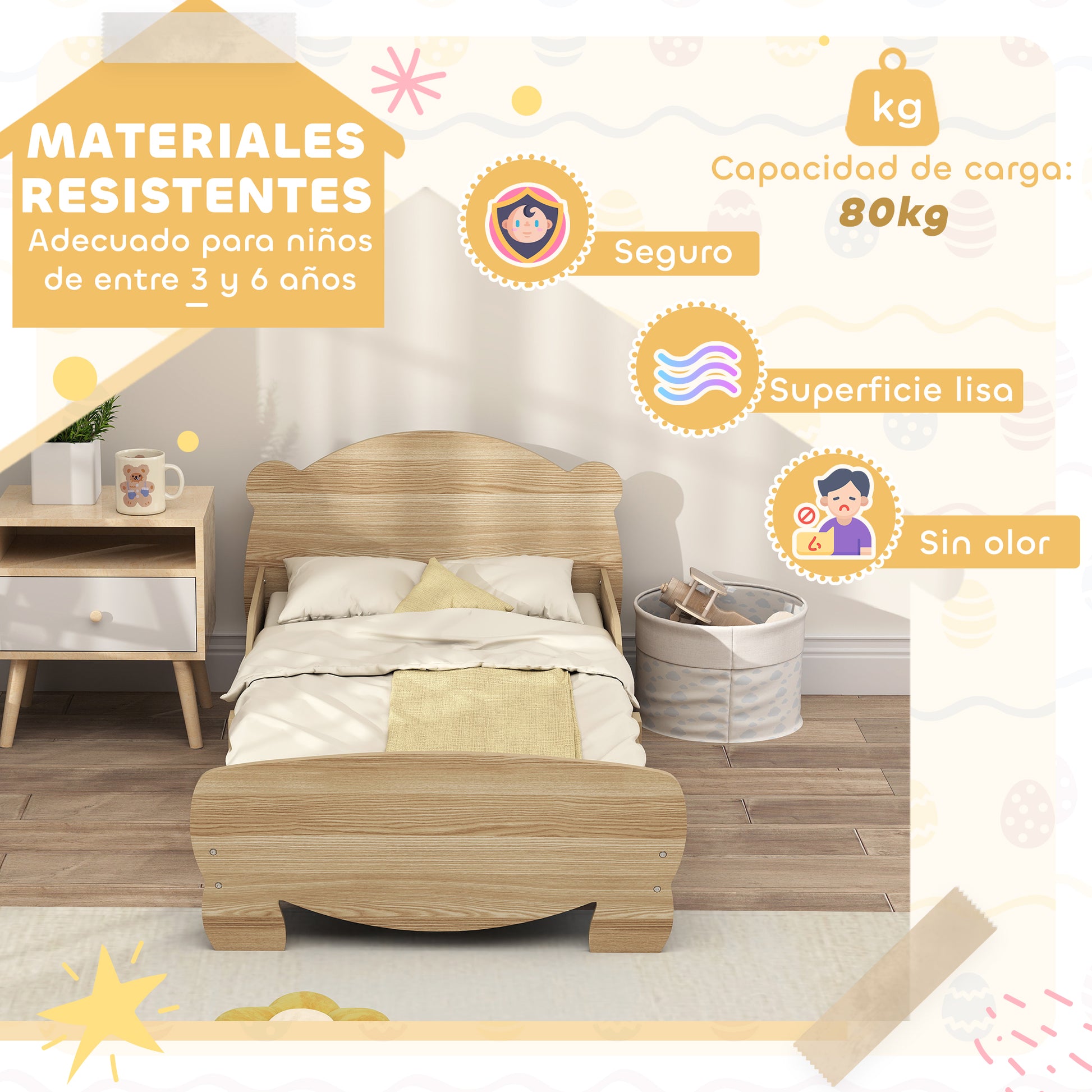 Kids Bed for +3 Years 140x70 cm Wooden Children's Bed Teddy Bear Shaped Headboard 80 kg Load for Natural Bedroom
