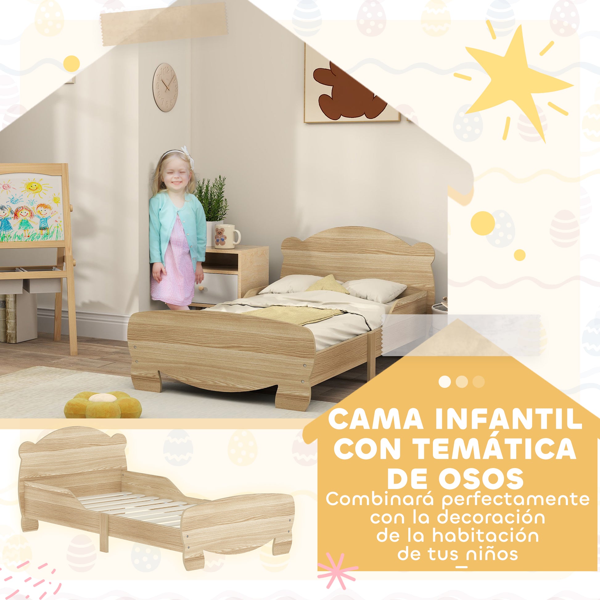 Kids Bed for +3 Years 140x70 cm Wooden Children's Bed Teddy Bear Shaped Headboard 80 kg Load for Natural Bedroom