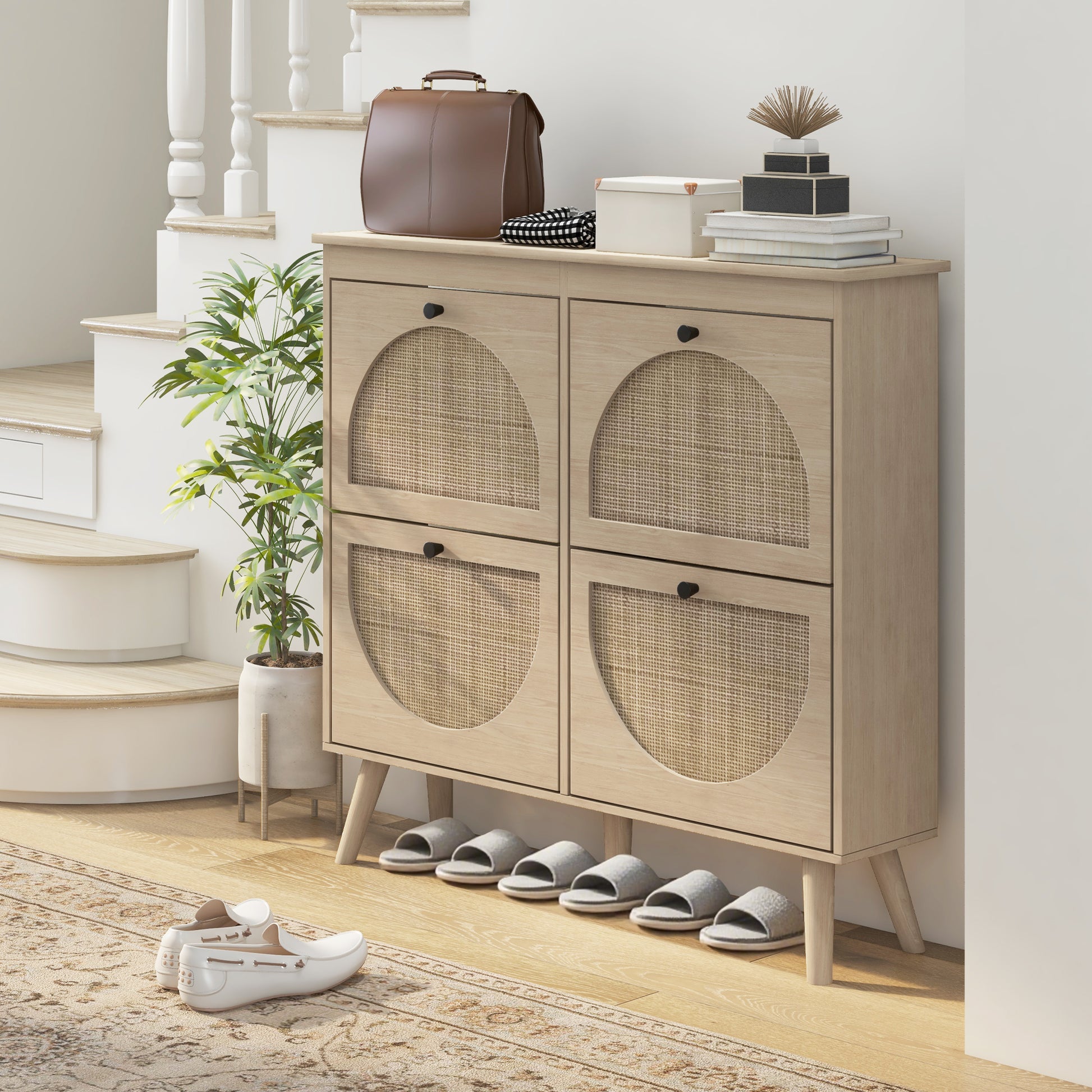 Shoe Cabinet 4 Folding Drawers Shoe Rack for 20 Pairs with Adjustable Shelf Bohemian Style Solid Wood Legs 105 x 24 x 97.5 cm Natural