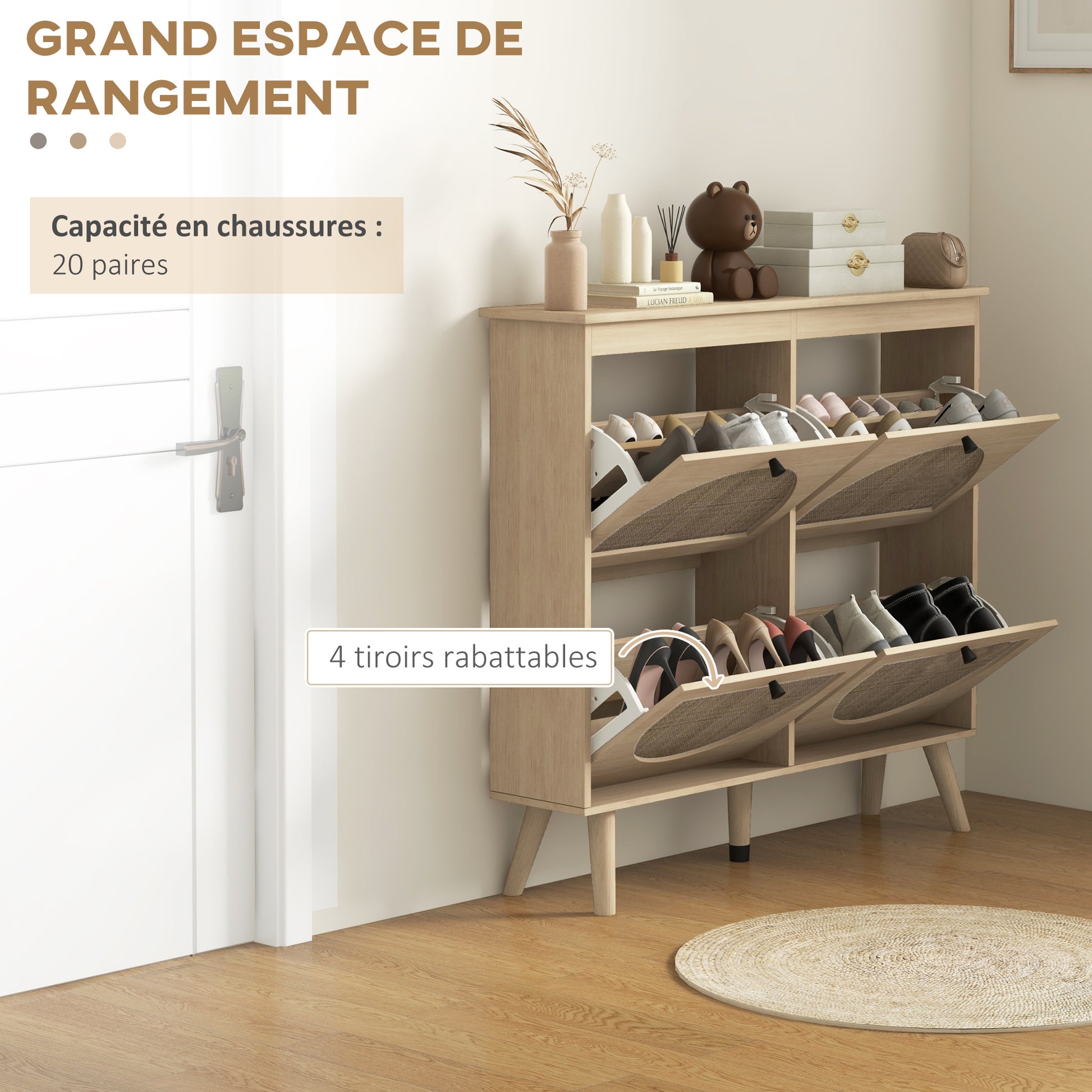 Shoe Cabinet 4 Folding Drawers Shoe Rack for 20 Pairs with Adjustable Shelf Bohemian Style Solid Wood Legs 105 x 24 x 97.5 cm Natural