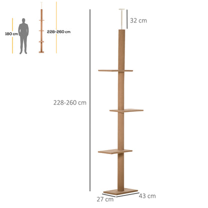 Ceiling-High Scratching Post, 228-260 cm Adjustable Height Cat Tree Climbing Frame for Cats with 3 Levels, Cat Scratching Post, Play Tree from Floor to Ceiling Light Brown
