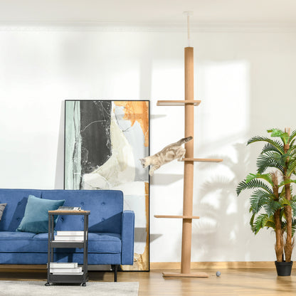 Ceiling-High Scratching Post, 228-260 cm Adjustable Height Cat Tree Climbing Frame for Cats with 3 Levels, Cat Scratching Post, Play Tree from Floor to Ceiling Light Brown