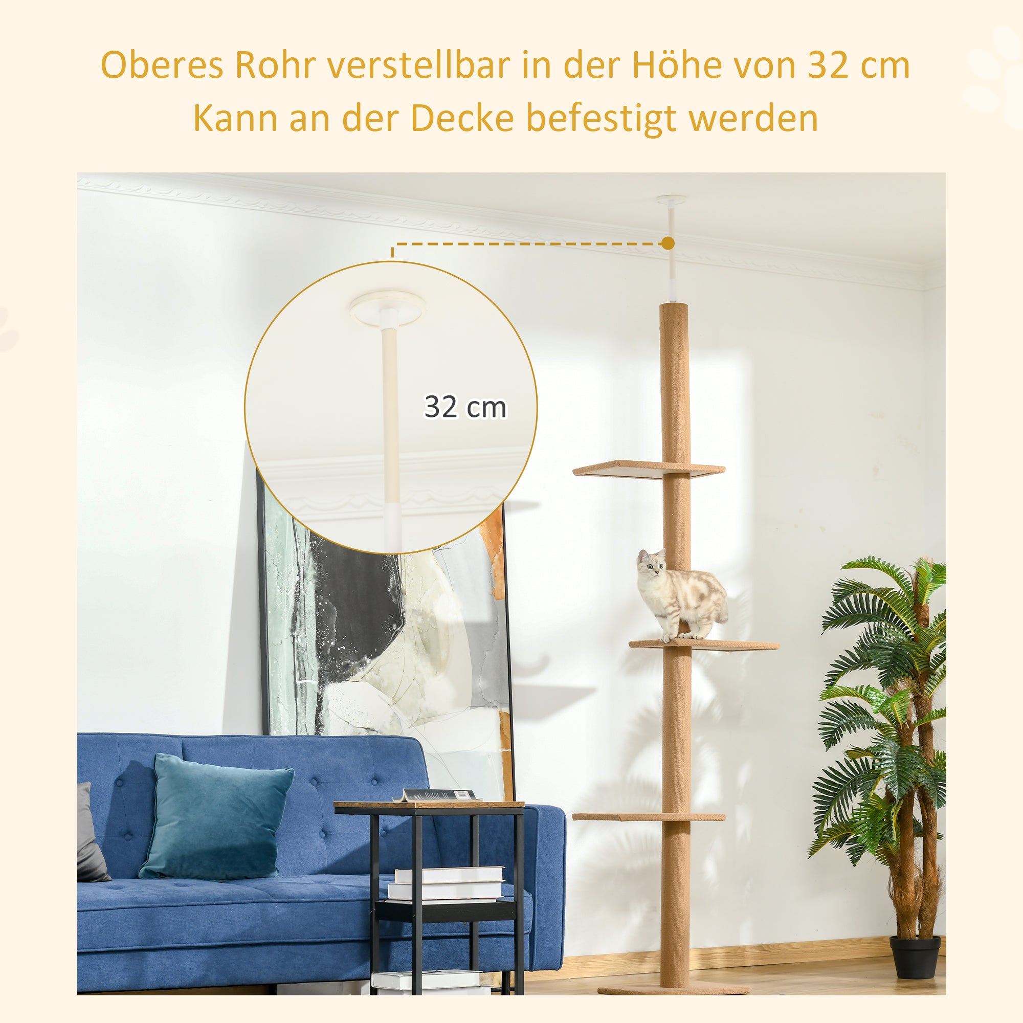 Ceiling-High Scratching Post, 228-260 cm Adjustable Height Cat Tree Climbing Frame for Cats with 3 Levels, Cat Scratching Post, Play Tree from Floor to Ceiling Light Brown