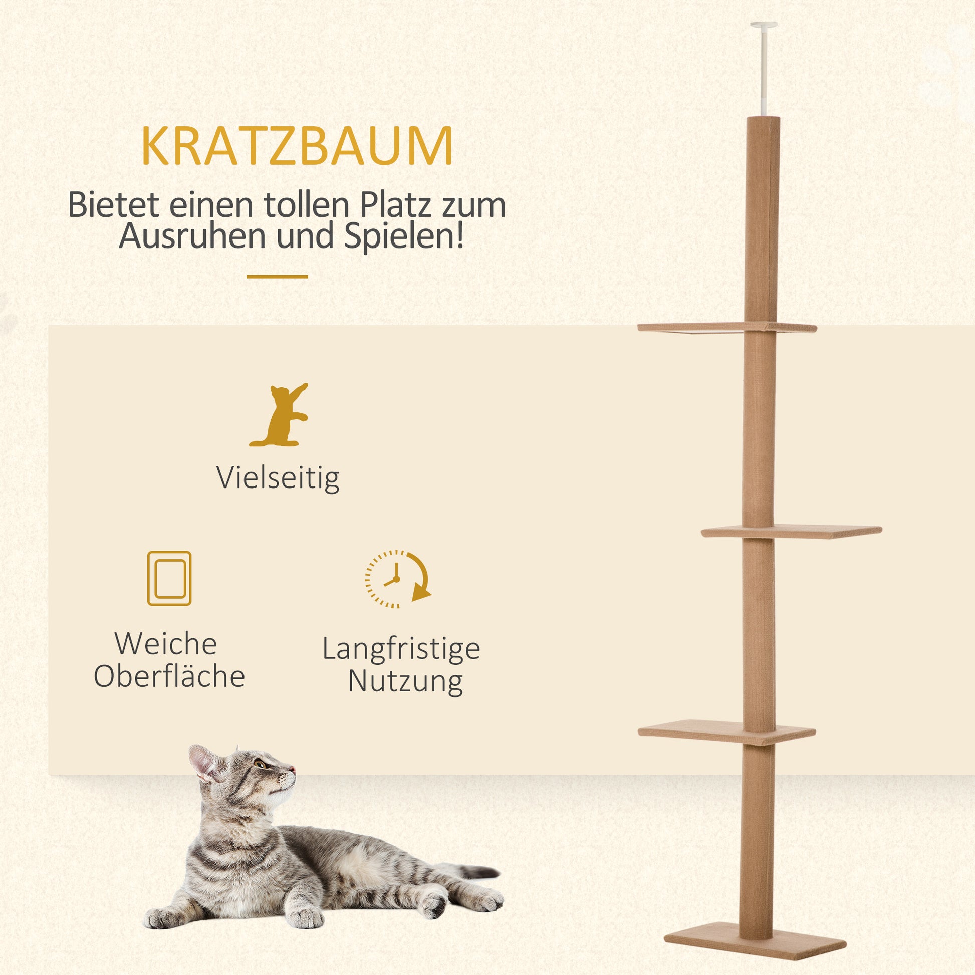 Ceiling-High Scratching Post, 228-260 cm Adjustable Height Cat Tree Climbing Frame for Cats with 3 Levels, Cat Scratching Post, Play Tree from Floor to Ceiling Light Brown
