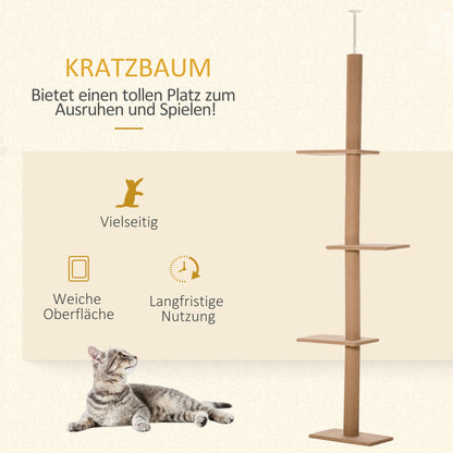 Ceiling-High Scratching Post, 228-260 cm Adjustable Height Cat Tree Climbing Frame for Cats with 3 Levels, Cat Scratching Post, Play Tree from Floor to Ceiling Light Brown