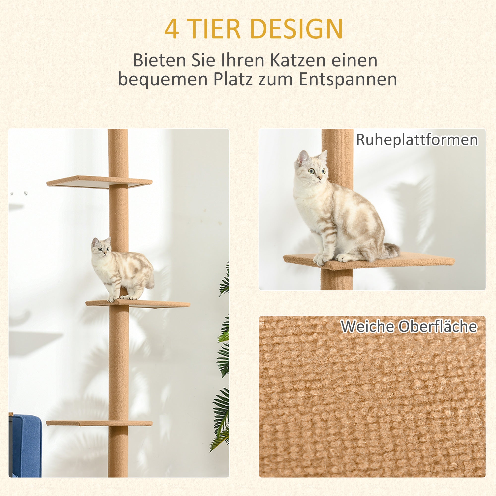 Ceiling-High Scratching Post, 228-260 cm Adjustable Height Cat Tree Climbing Frame for Cats with 3 Levels, Cat Scratching Post, Play Tree from Floor to Ceiling Light Brown