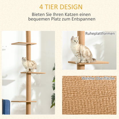 Ceiling-High Scratching Post, 228-260 cm Adjustable Height Cat Tree Climbing Frame for Cats with 3 Levels, Cat Scratching Post, Play Tree from Floor to Ceiling Light Brown