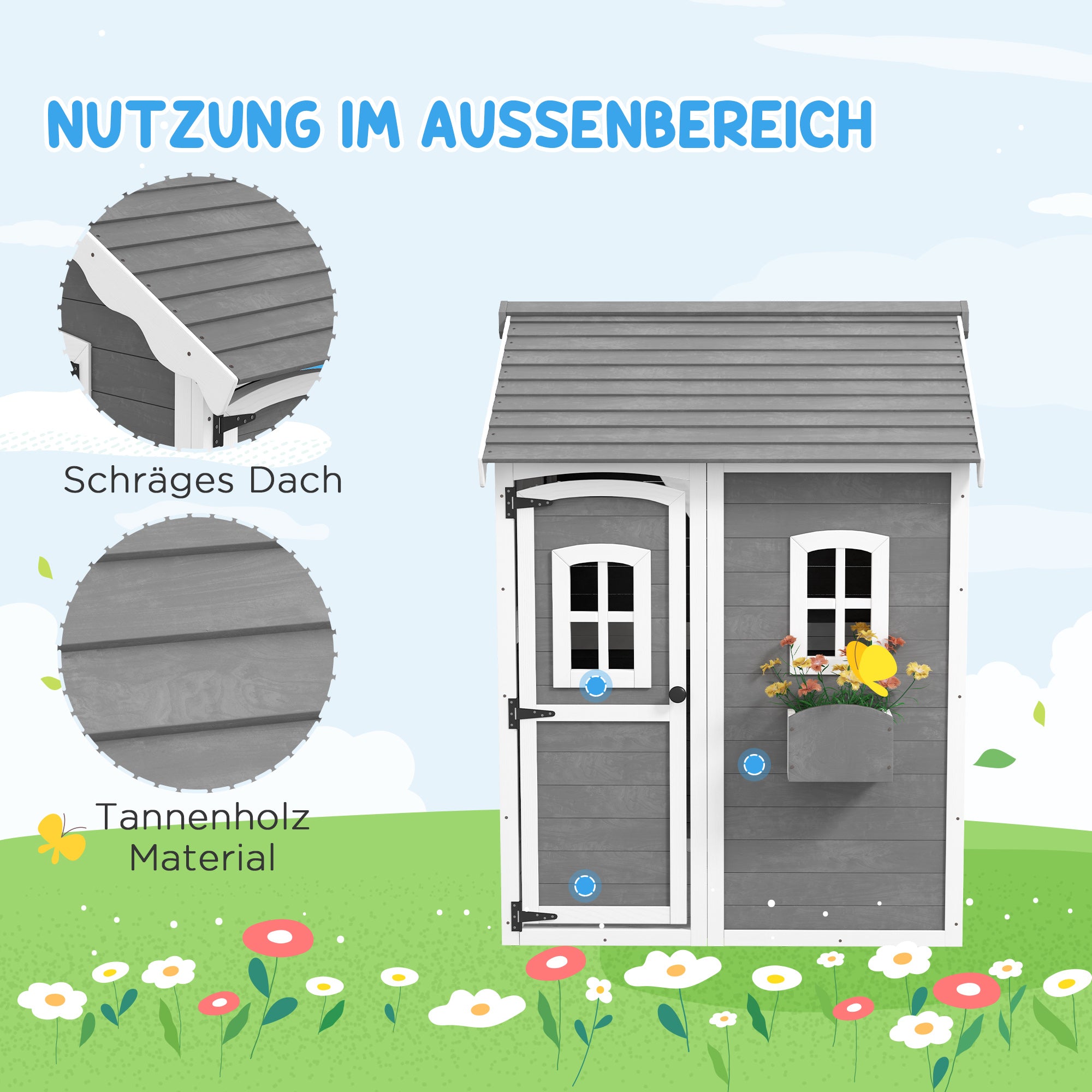 Children's Wooden Playhouse Outdoor with Door, Window, and Planter Box, Kids House, Garden House for Children 3-8 Years