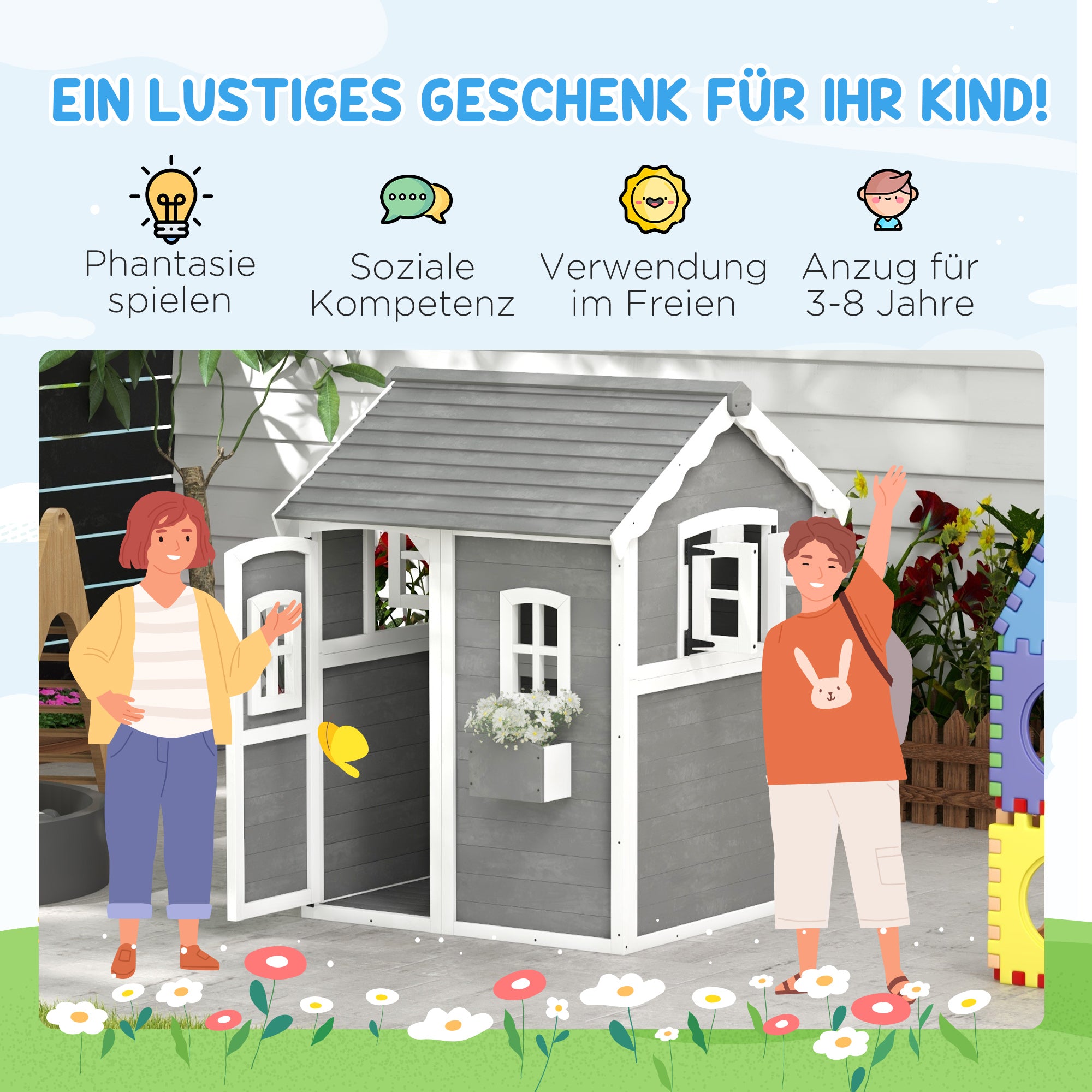 Children's Wooden Playhouse Outdoor with Door, Window, and Planter Box, Kids House, Garden House for Children 3-8 Years
