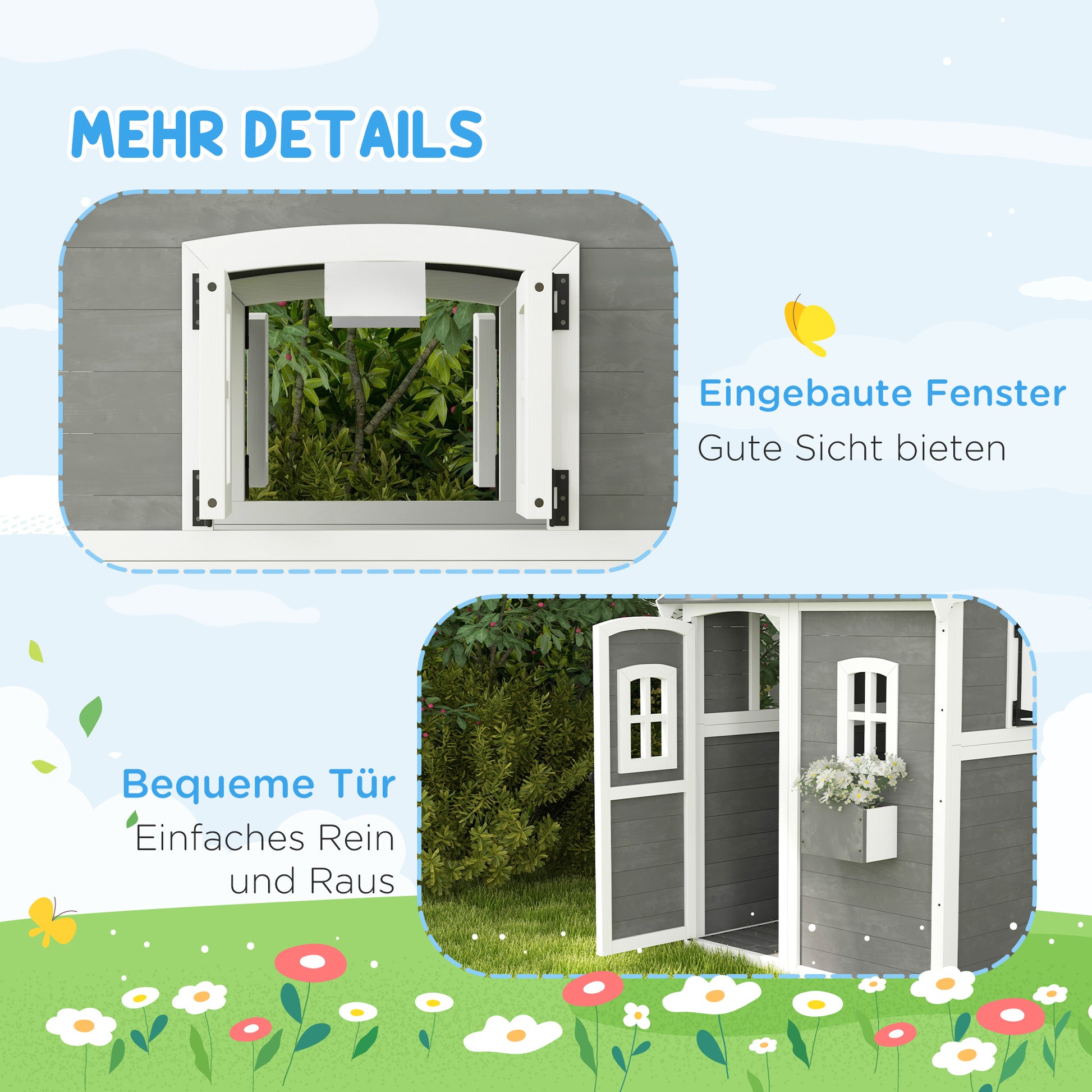 Children's Wooden Playhouse Outdoor with Door, Window, and Planter Box, Kids House, Garden House for Children 3-8 Years