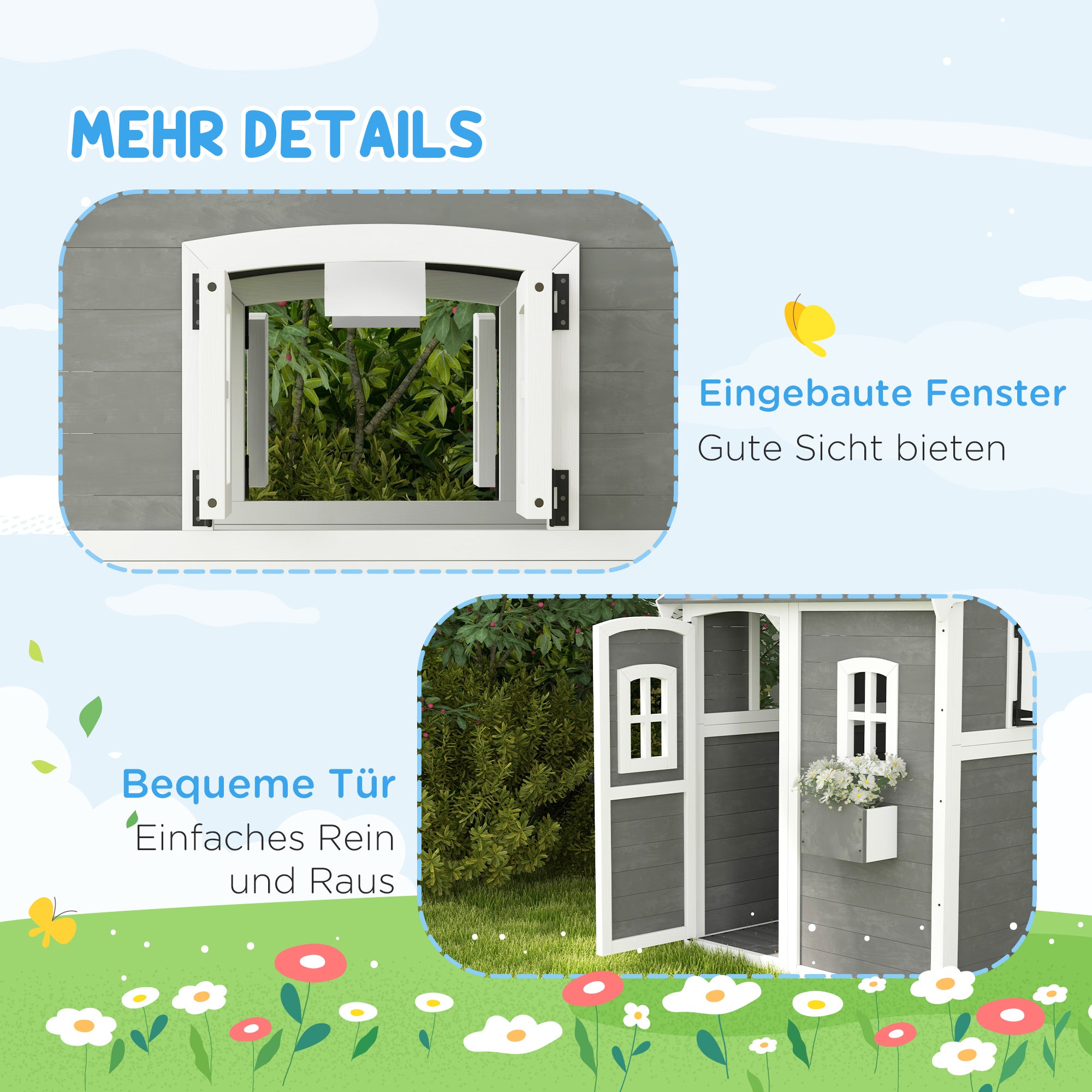 Children's Wooden Playhouse Outdoor with Door, Window, and Planter Box, Kids House, Garden House for Children 3-8 Years