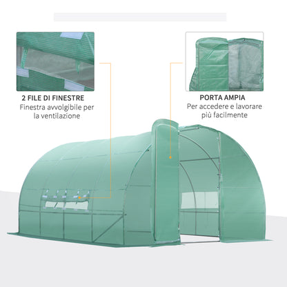 Tunnel Greenhouse with Door and 8 Windows, Garden Greenhouse in PE and Galvanized Metal, for Plant Cultivation, 600x300x200cm
