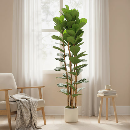 Artificial Fiddle Leaf Fig Tree, 180 cm (71 in), 91 Leaves, Solid Wood Trunk, Potted Realistic Plastic Plant for Living Room, Bedroom, Office, Garden Décor