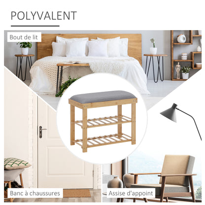 Shoe Storage Bench Shoe Cabinet 2 Shelves Integrated Gray Cushion Bamboo