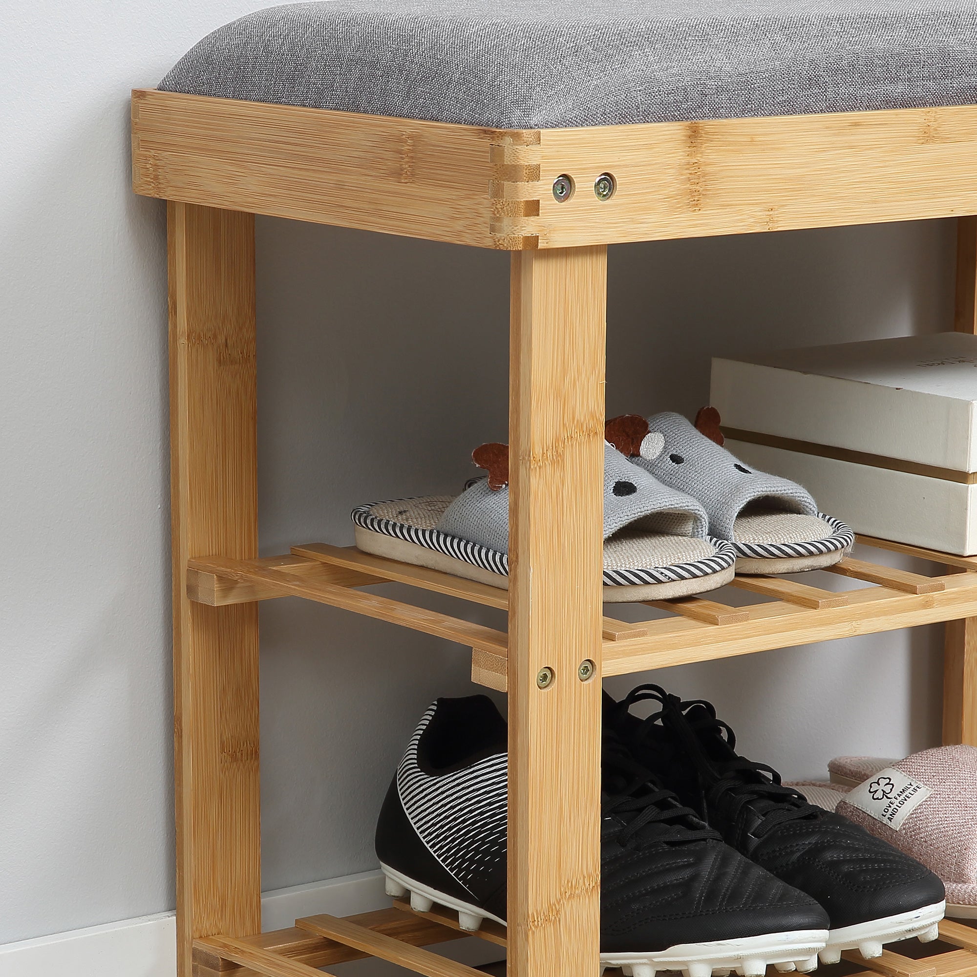 Shoe Storage Bench Shoe Cabinet 2 Shelves Integrated Gray Cushion Bamboo