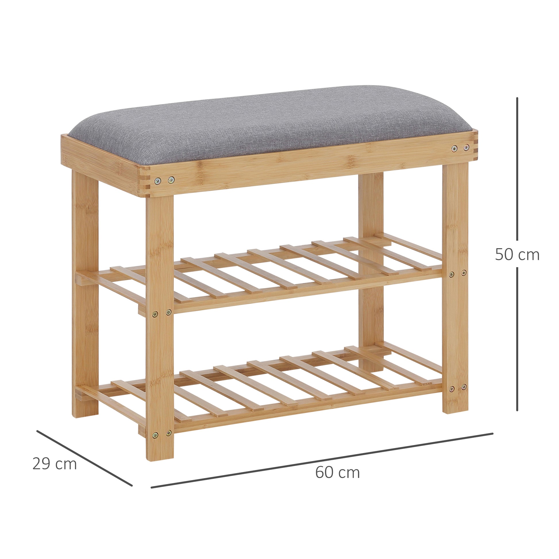 Shoe Storage Bench Shoe Cabinet 2 Shelves Integrated Gray Cushion Bamboo