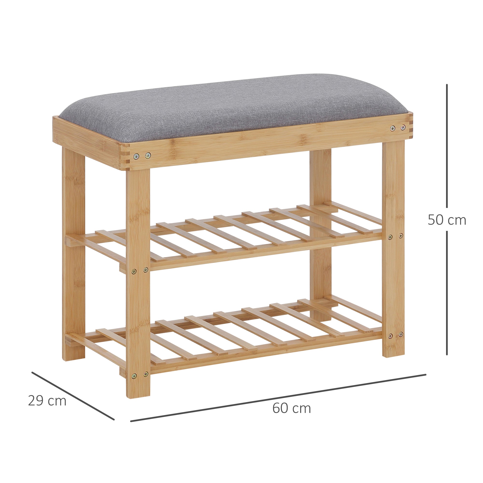 Shoe Storage Bench Shoe Cabinet 2 Shelves Integrated Gray Cushion Bamboo