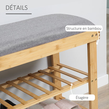 Shoe Storage Bench Shoe Cabinet 2 Shelves Integrated Gray Cushion Bamboo