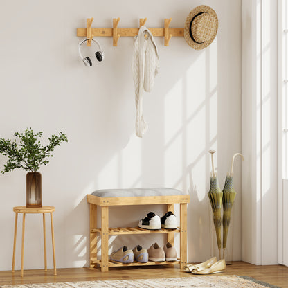 Shoe Storage Bench Shoe Cabinet 2 Shelves Integrated Gray Cushion Bamboo