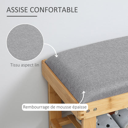 Shoe Storage Bench Shoe Cabinet 2 Shelves Integrated Gray Cushion Bamboo