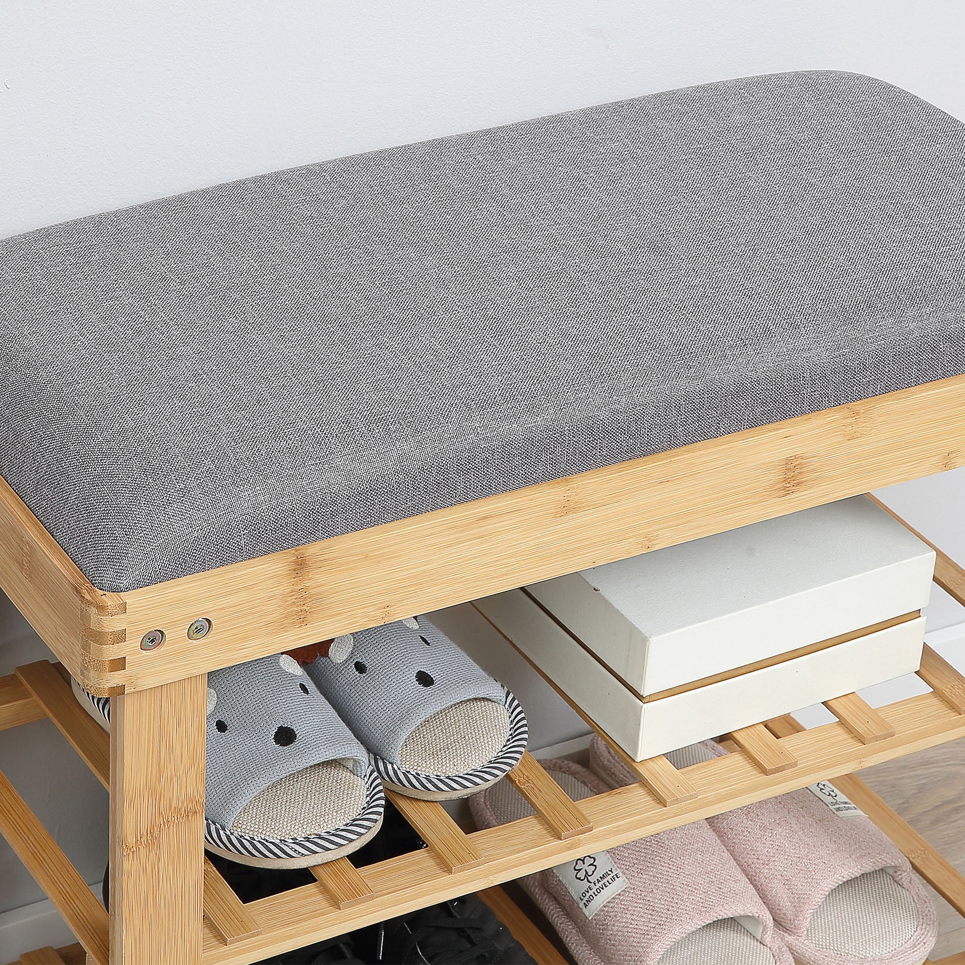 Shoe Storage Bench Shoe Cabinet 2 Shelves Integrated Gray Cushion Bamboo