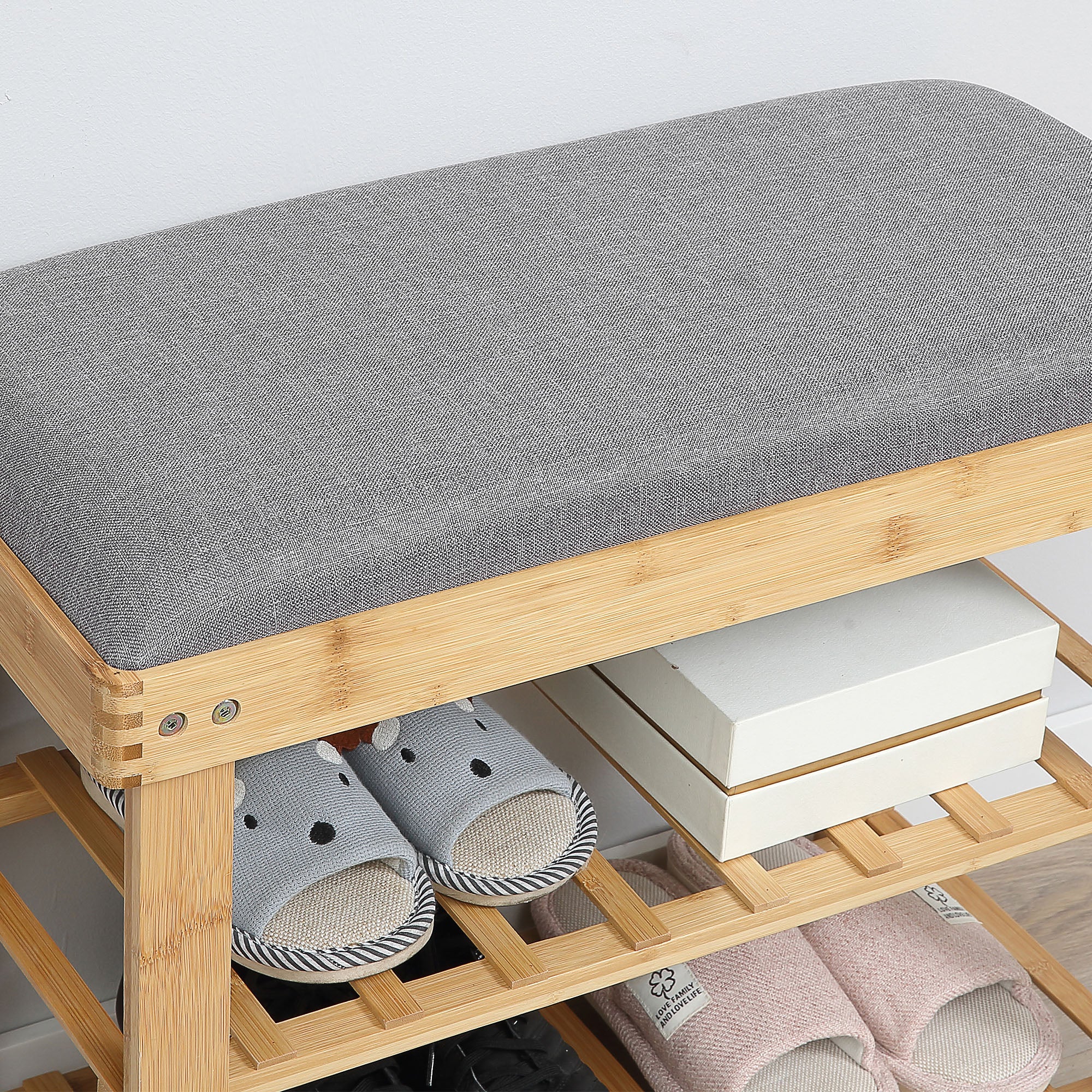 Shoe Storage Bench Shoe Cabinet 2 Shelves Integrated Gray Cushion Bamboo