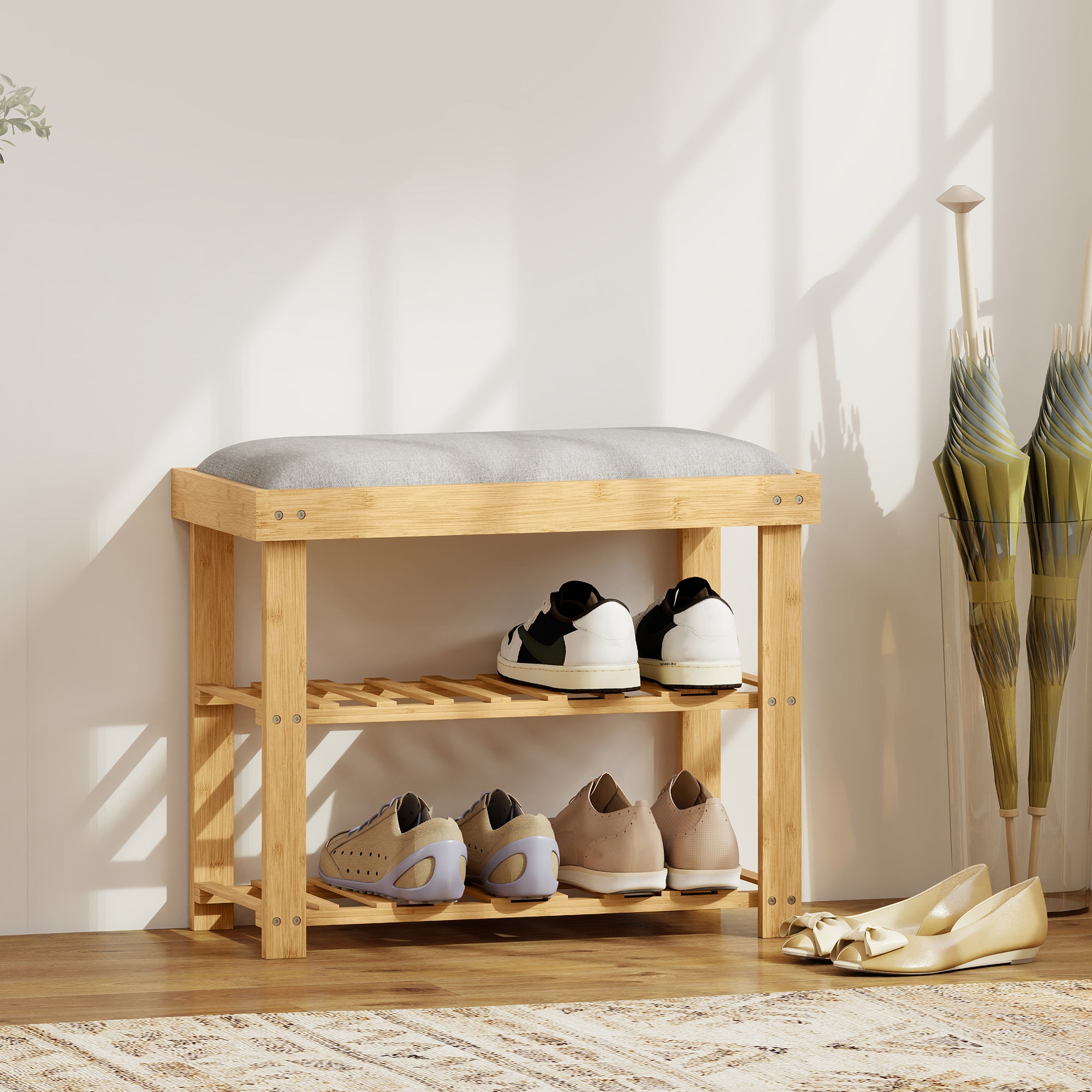 Shoe Storage Bench Shoe Cabinet 2 Shelves Integrated Gray Cushion Bamboo