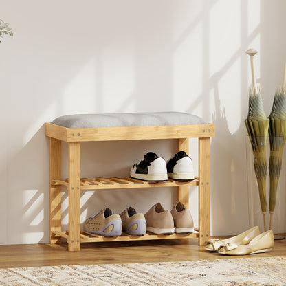 Shoe Storage Bench Shoe Cabinet 2 Shelves Integrated Gray Cushion Bamboo