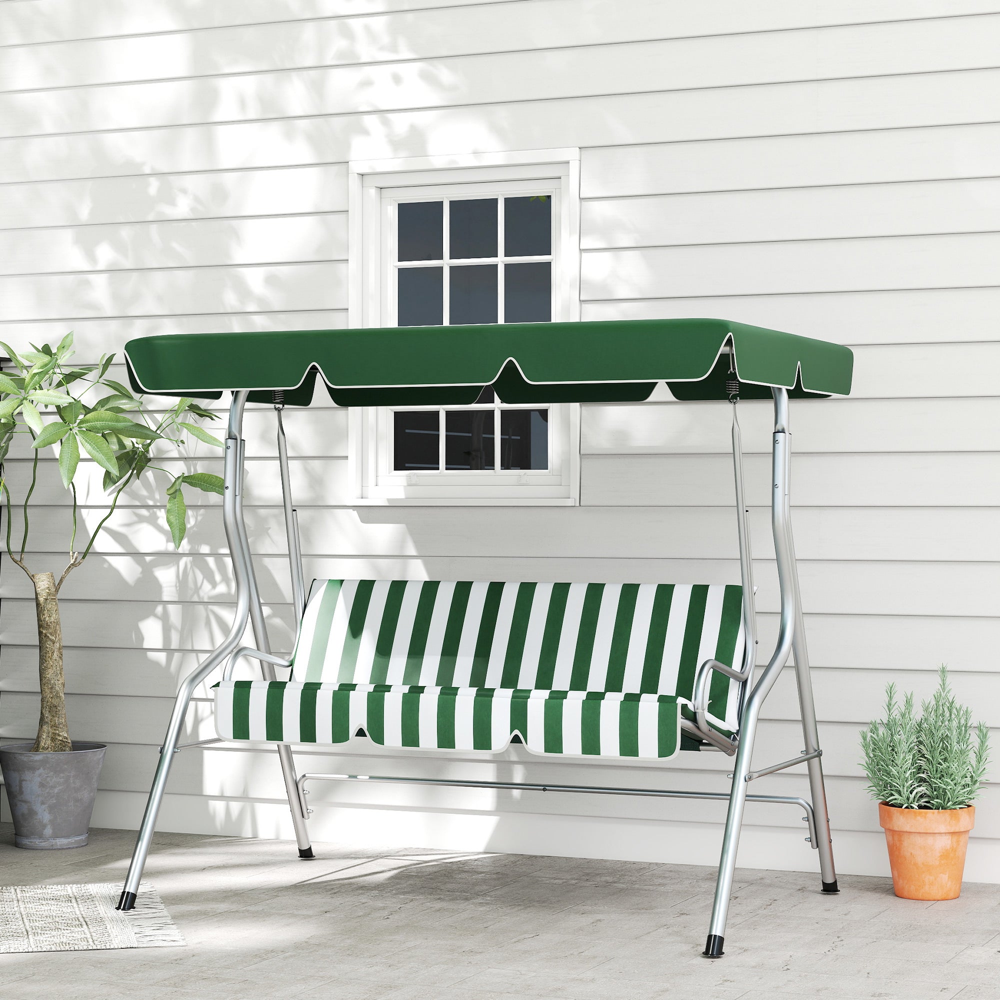 3-seat garden swing, outdoor swing with adjustable canopy, striped pattern, with seat and backrest cushions, 1.7 x 1.1 x 1.53 m, metal polyester, green