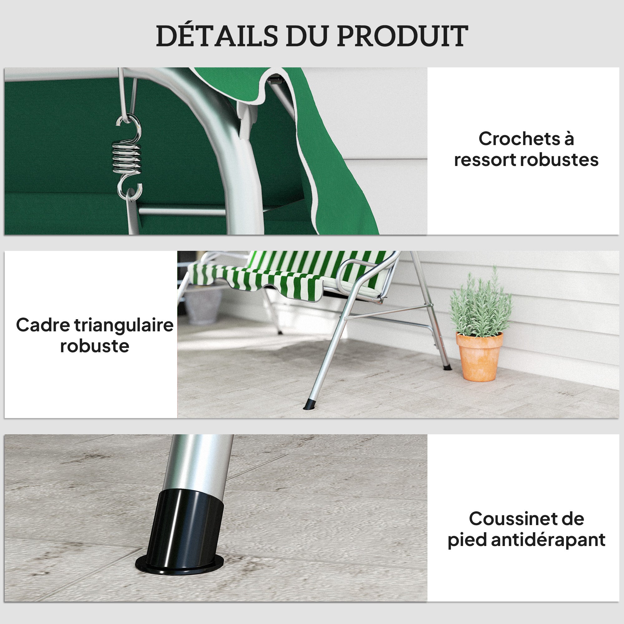 3-seat garden swing, outdoor swing with adjustable canopy, striped pattern, with seat and backrest cushions, 1.7 x 1.1 x 1.53 m, metal polyester, green